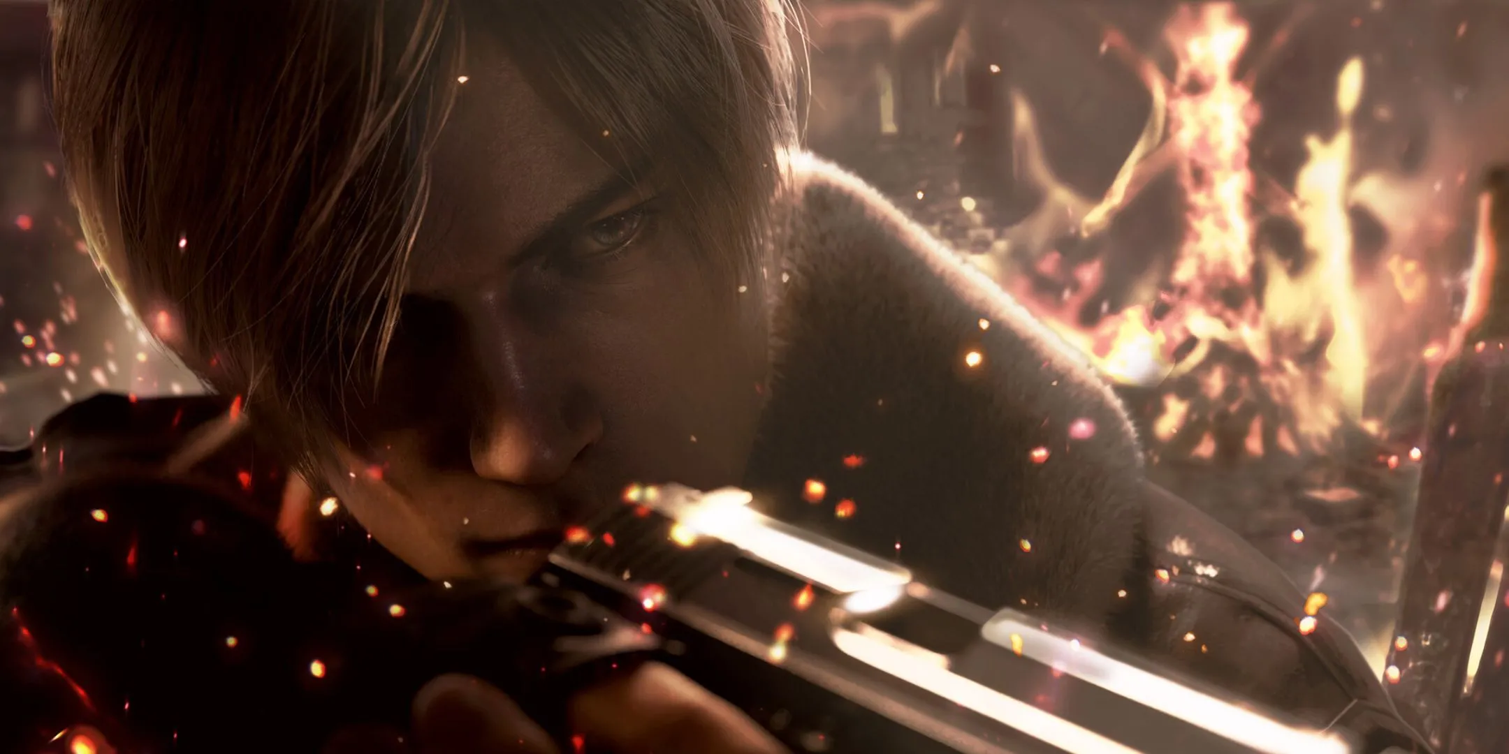 Leon Kennedy đang chĩa súng trong Resident Evil 4.