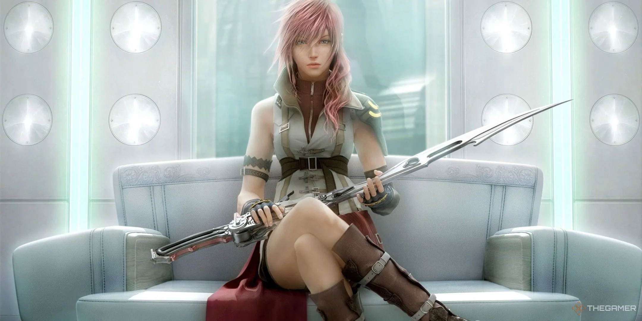 Lightning với mái tóc hồng đặc trưng trong Final Fantasy 13, chuẩn bị chiến đấu