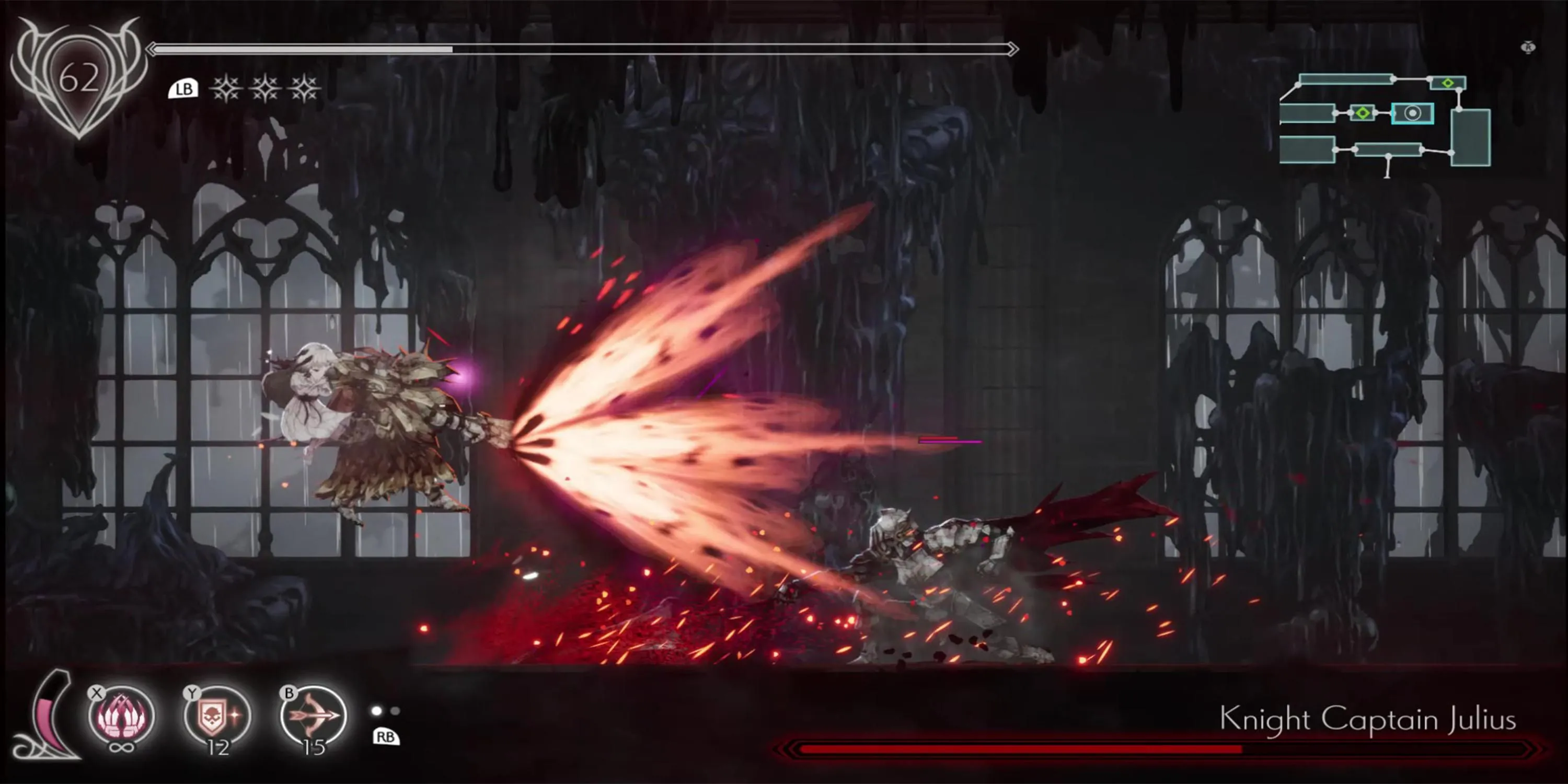 Lily và các hiệp sĩ linh hồn của mình chiến đấu với một con boss trong Ender Lilies Quietus of the Knights