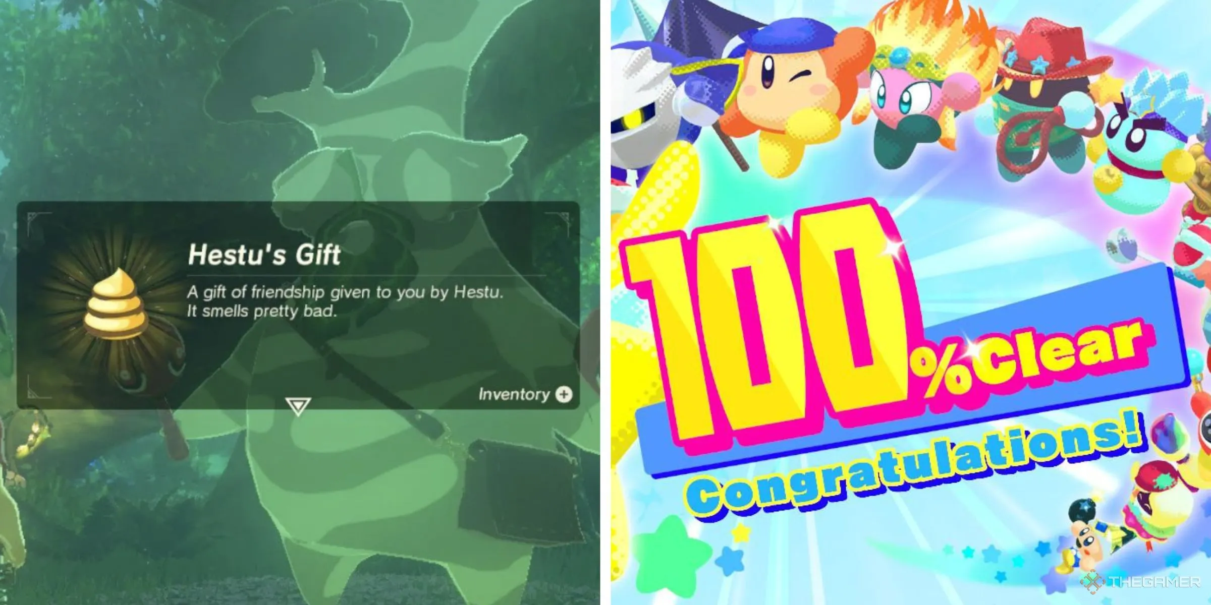 Link nhận Quà của Hestu trong Zelda Breath of the Wild và màn hình hoàn thành 100% game Kirby Star Allies