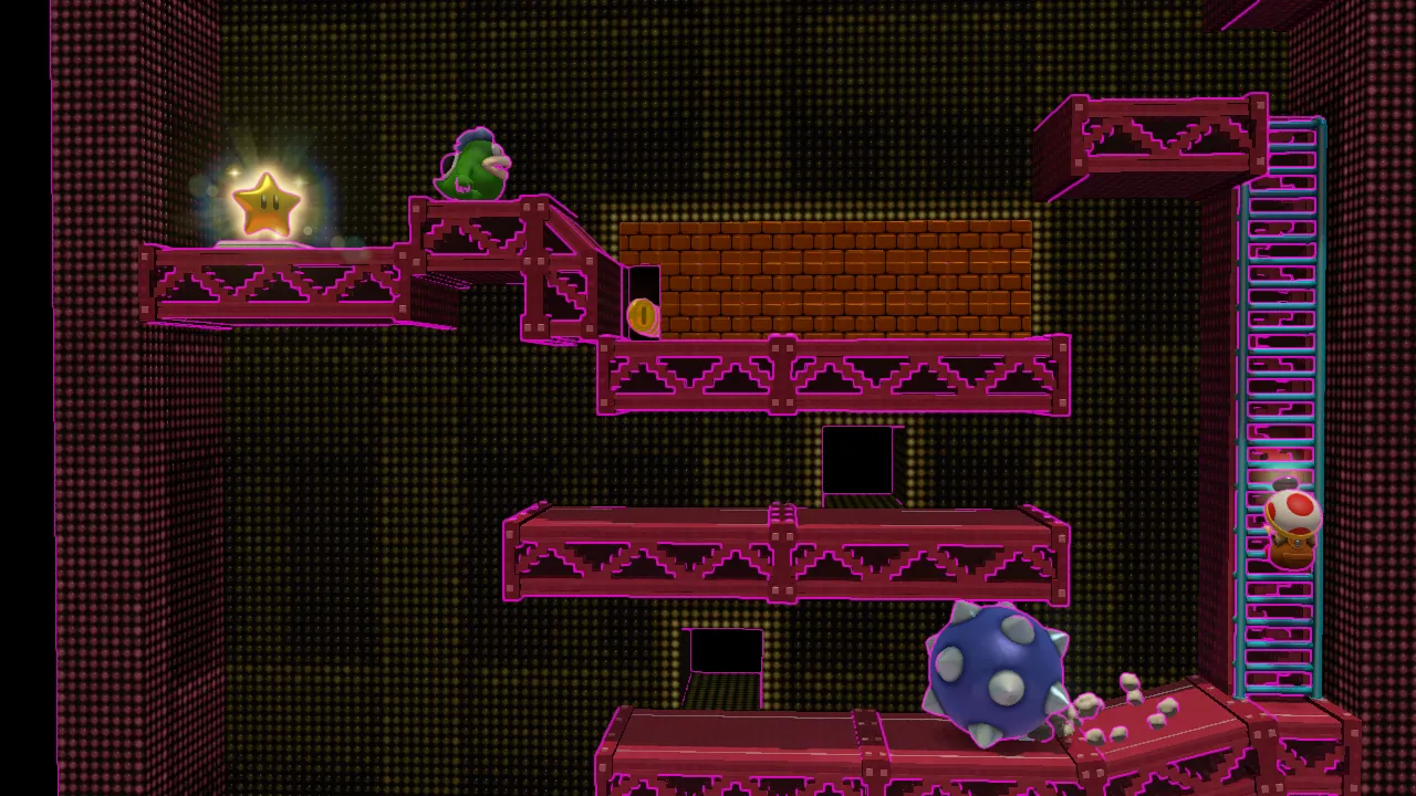Màn chơi Retro Ramp-Up trong Captain Toad Treasure Tracker với thiết kế gợi nhớ đến Donkey Kong cổ điển.