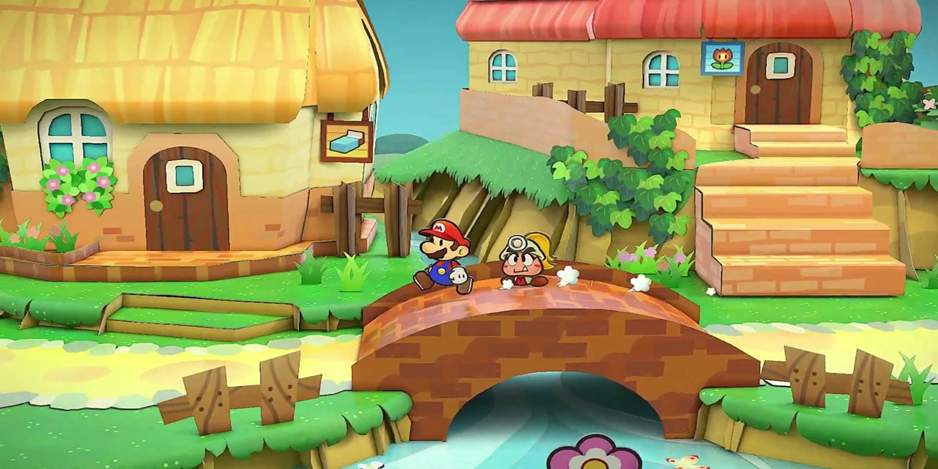 Mario băng qua cây cầu trong Paper Mario The Thousand-Year Door, thể hiện đồ họa phong cách giấy và thế giới độc đáo