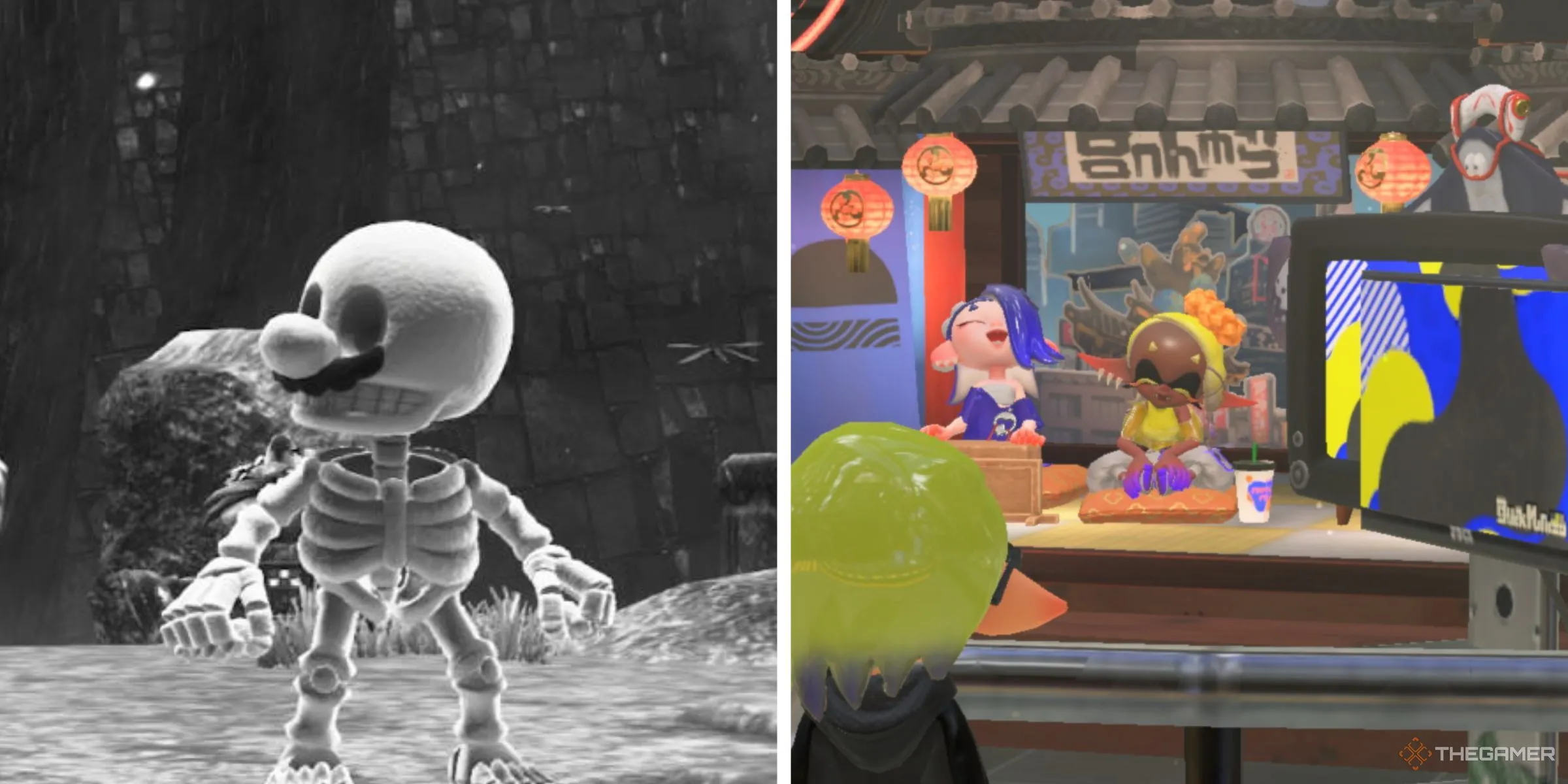 Mario trong trang phục xương chụp ảnh đen trắng trong Super Mario Odyssey, nhân vật người chơi nhìn vào studio Deep Cut trong Splatoon 3