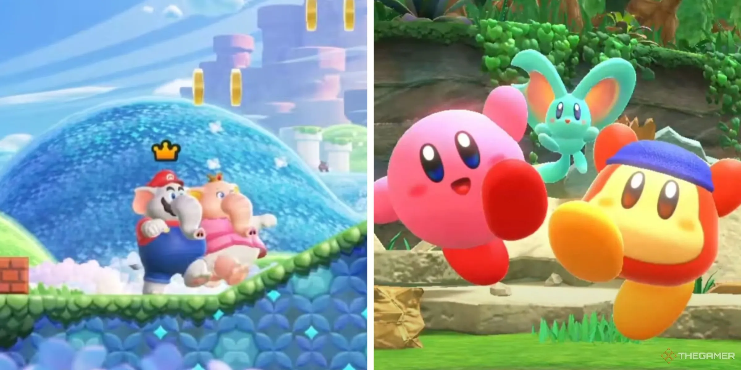 Mario và Peach voi chạy cùng nhau trong Super Mario Bros. Wonder, Kirby và bạn bè ăn mừng chiến thắng trong Kirby and the Forgotten Land