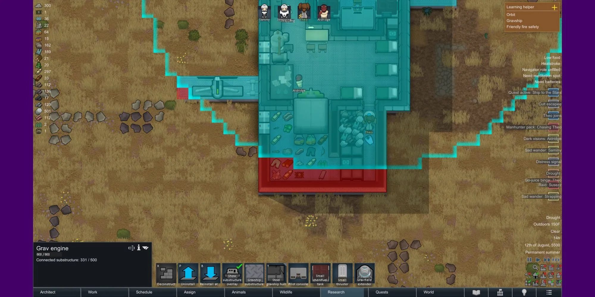Mô hình tàu không gian Gravship trong RimWorld Odyssey bị xây dựng quá lớn, một phần cấu trúc nằm ngoài trường trọng lực.