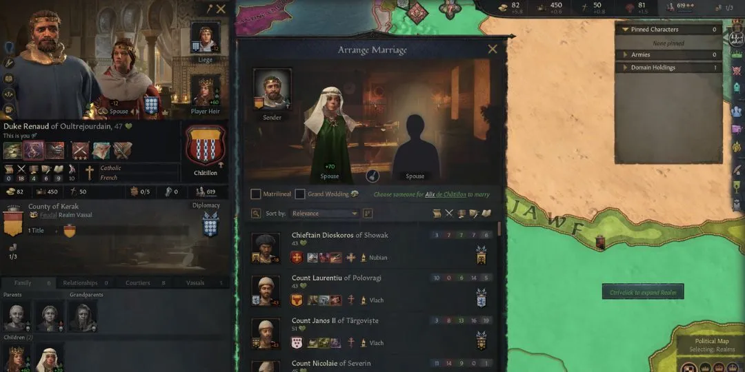 Một bá tước sắp xếp hôn nhân cho con gái trong Crusader Kings 3, minh họa yếu tố nhập vai và quản lý gia tộc của game chiến thuật.
