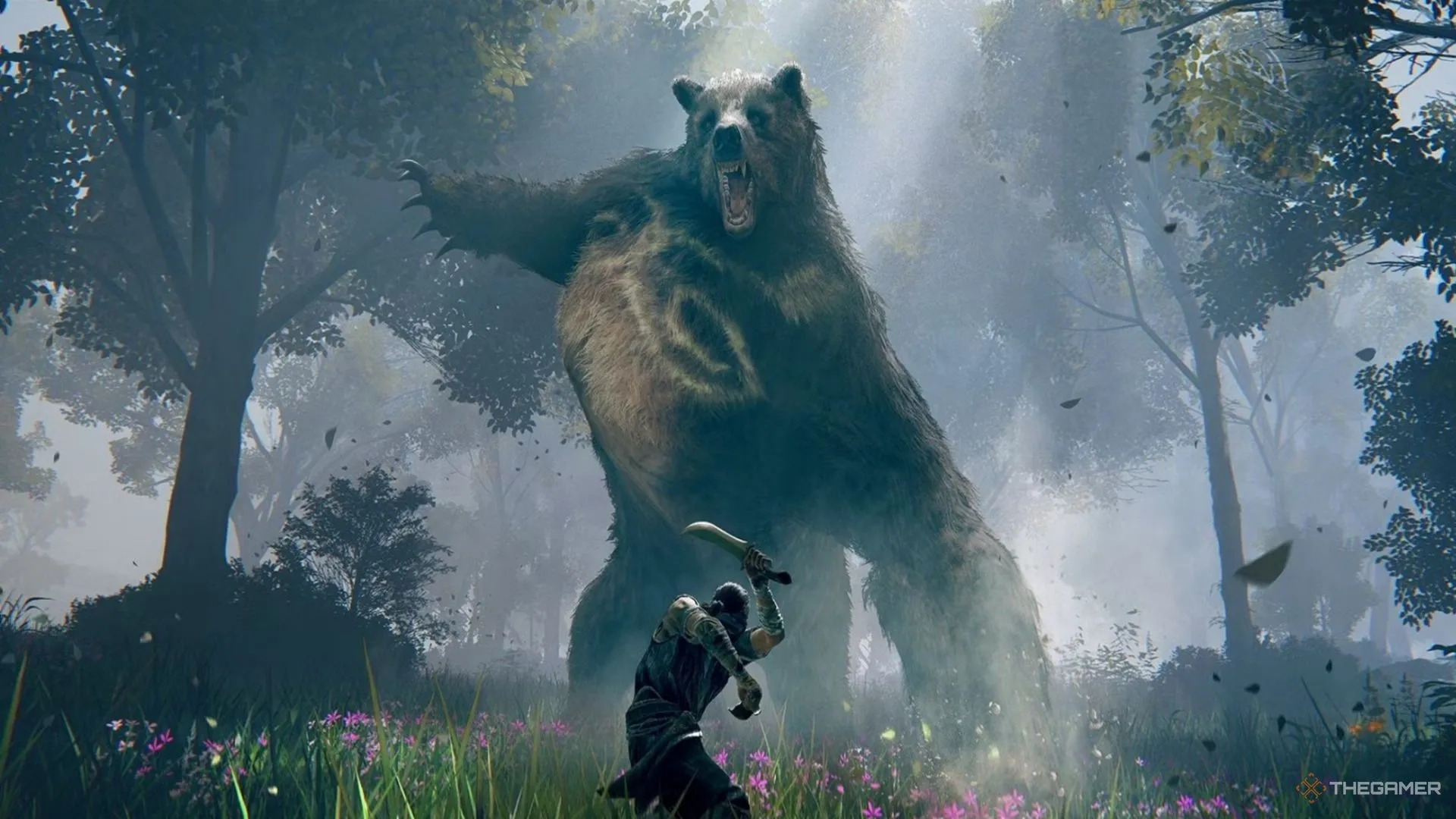 Một Runebear chuẩn bị tấn công người chơi bằng móng vuốt trong Elden Ring
