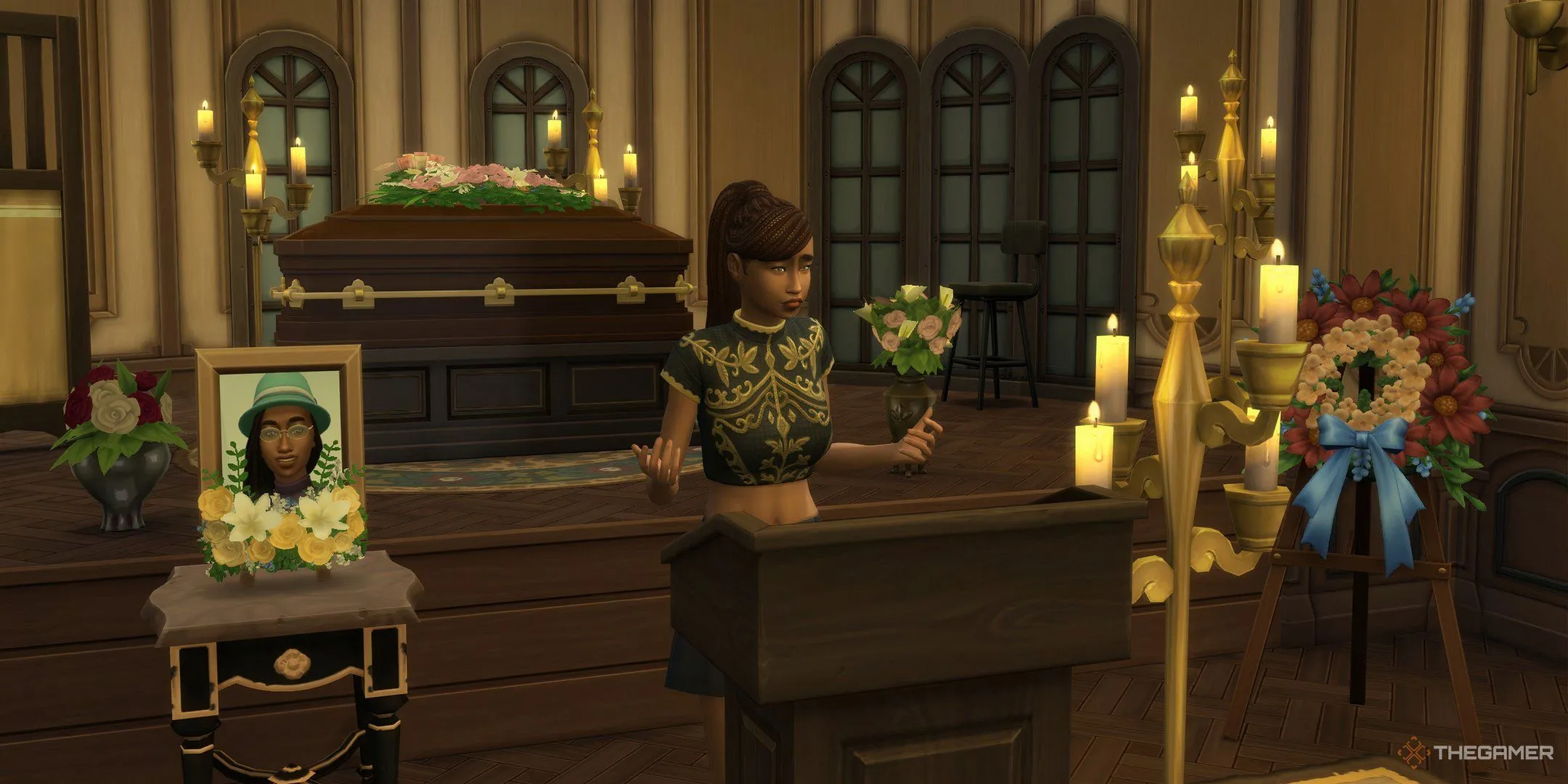 Một Sim đang chủ trì tang lễ trong The Sims 4 Life and Death.