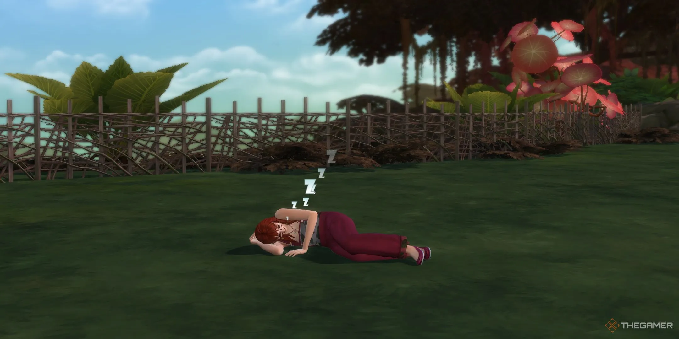 Một Sim ngủ trên sàn trong The Sims 4 Enchanted By Nature.