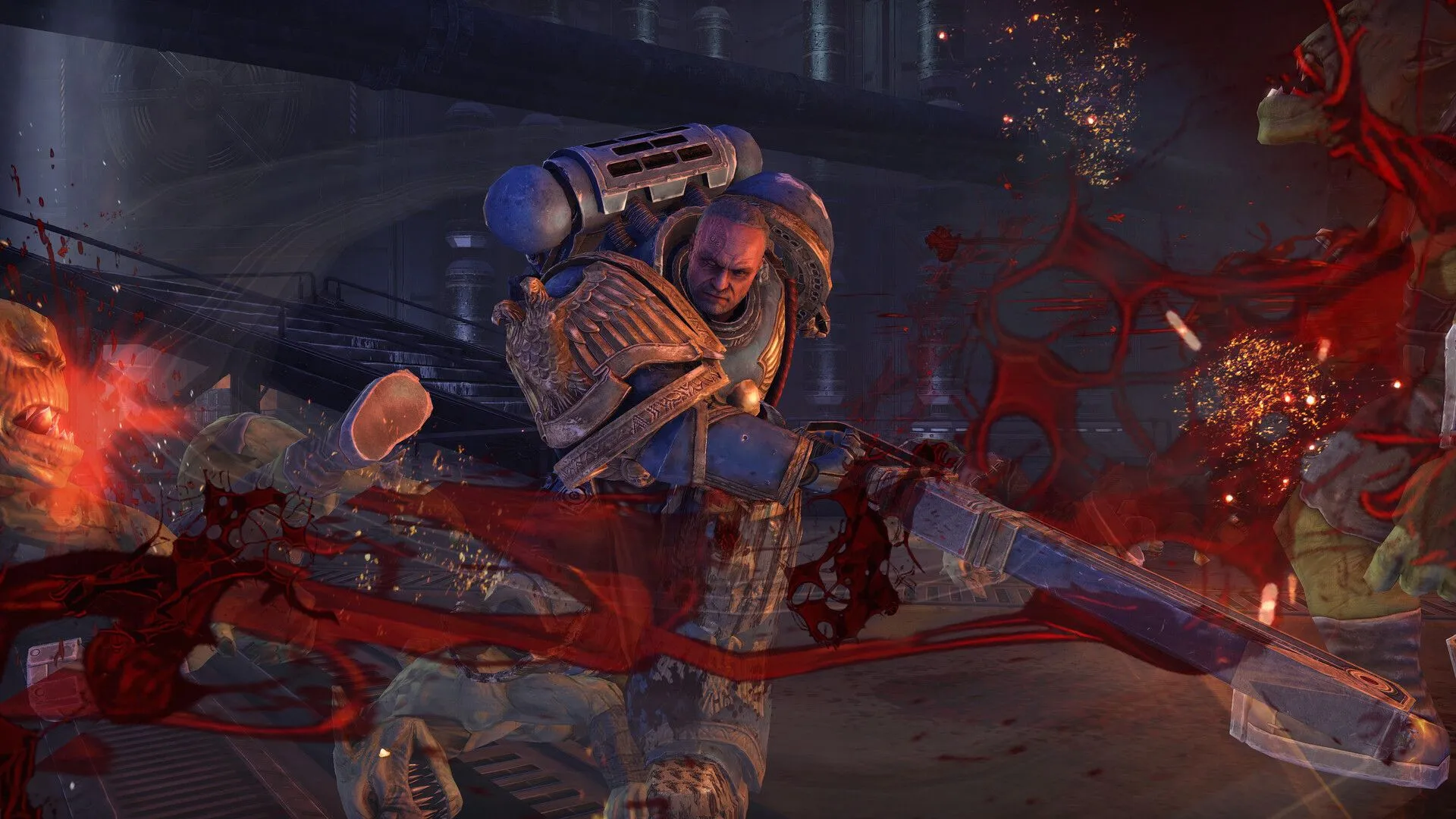 Một Space Marine sử dụng súng Plasma Gun đầy uy lực, tấn công kẻ thù giữa bối cảnh hoang tàn của nhà máy, cho thấy sự đa dạng vũ khí