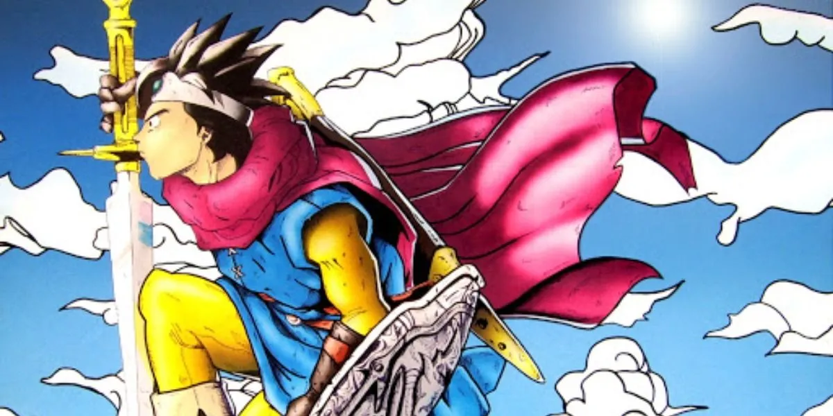 Người hùng trong Dragon Quest 3 (Dragon Warrior 3) cầm kiếm nhìn về phía bầu trời.