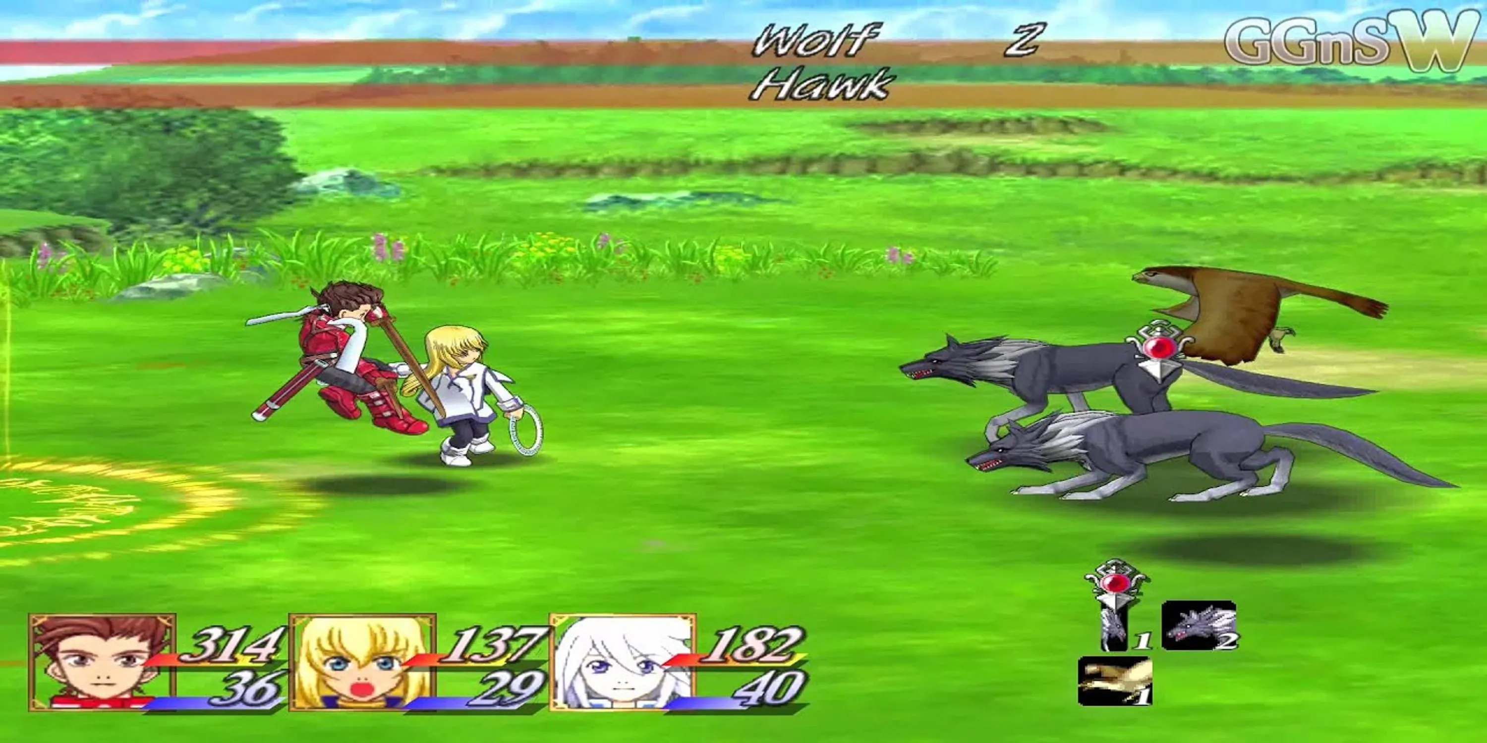 Nhân vật chiến đấu với sói và chim ưng trong Tales of Symphonia, minh họa hệ thống chiến đấu hành động Linear Motion Battle System