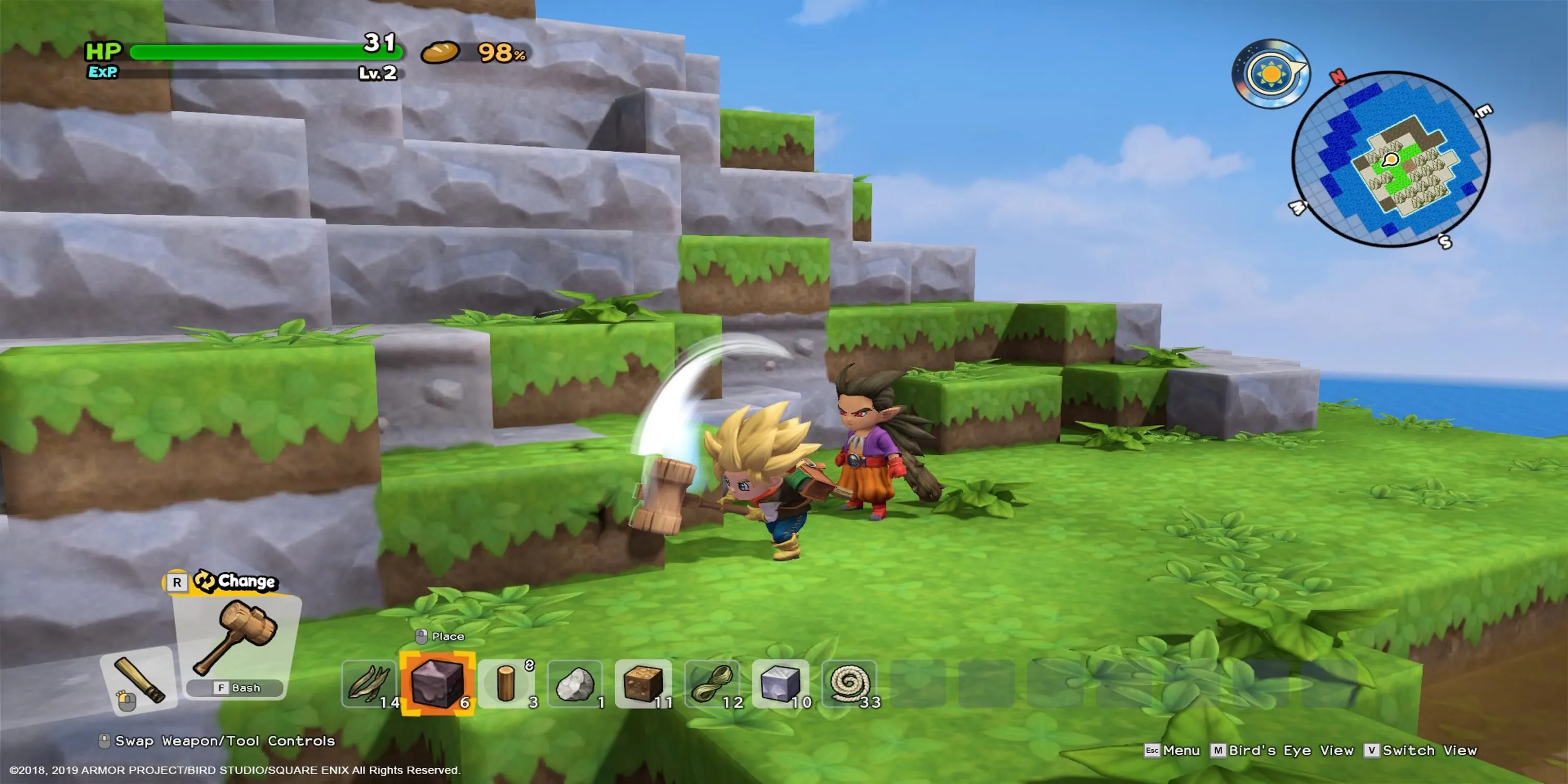 Nhân vật đang vung búa đập khối gạch trong Dragon Quest Builders 2