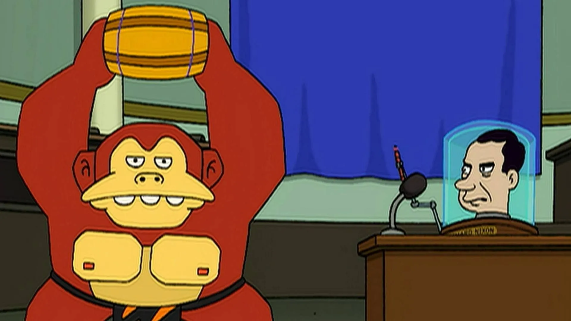 Nhân vật giống Donkey Kong ném thùng về phía đầu tổng thống Richard Nixon trong một cảnh phim hoạt hình Futurama.