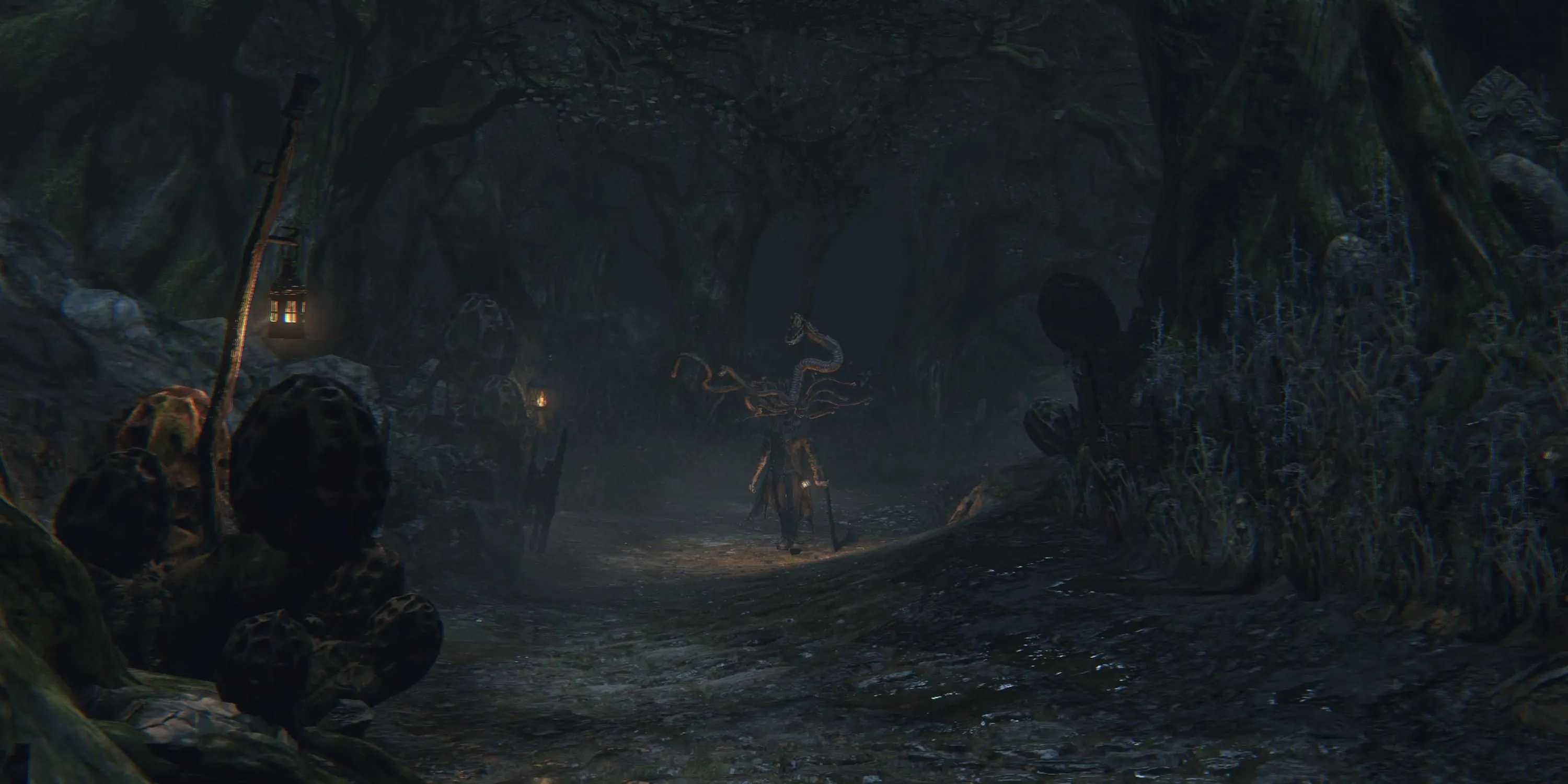Nhân vật thợ săn đang quan sát kẻ thù trong khu rừng cấm Forbidden Woods u ám của Bloodborne