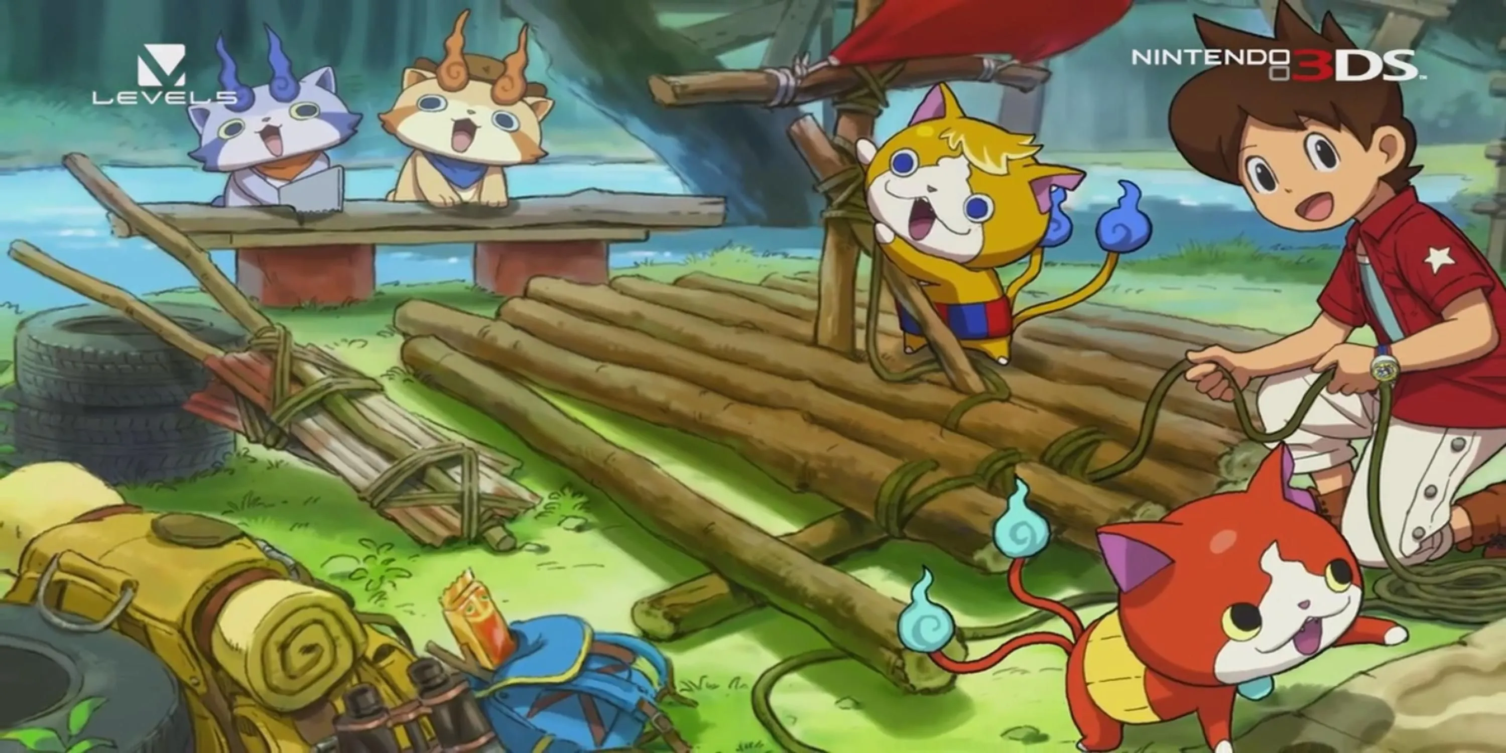 Nhân vật và mèo đang đóng bè trên sông trong game Yo-kai Watch 3
