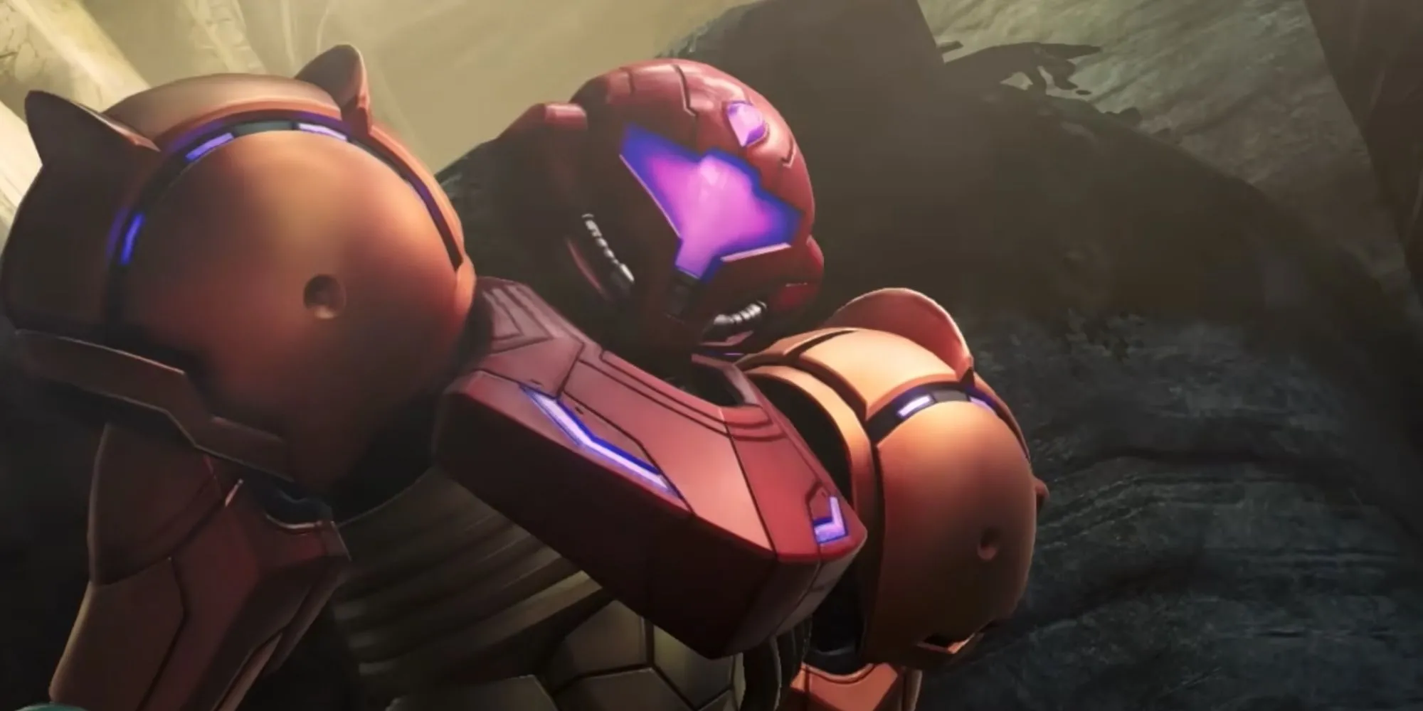Nữ chiến binh Samus Aran trong game Metroid Prime 4: Beyond với kính ngắm tím đặc trưng.