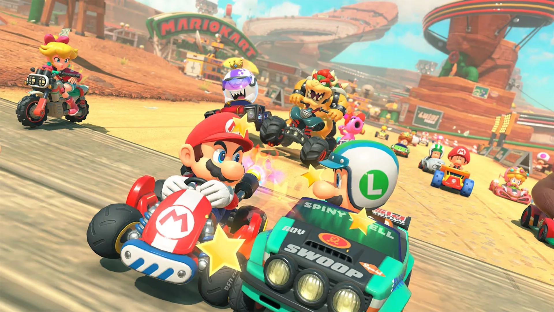 Phân cảnh người chơi tương tác trong khu vực lobby thế giới mở của Mario Kart World khi chờ đợi trận đấu online.