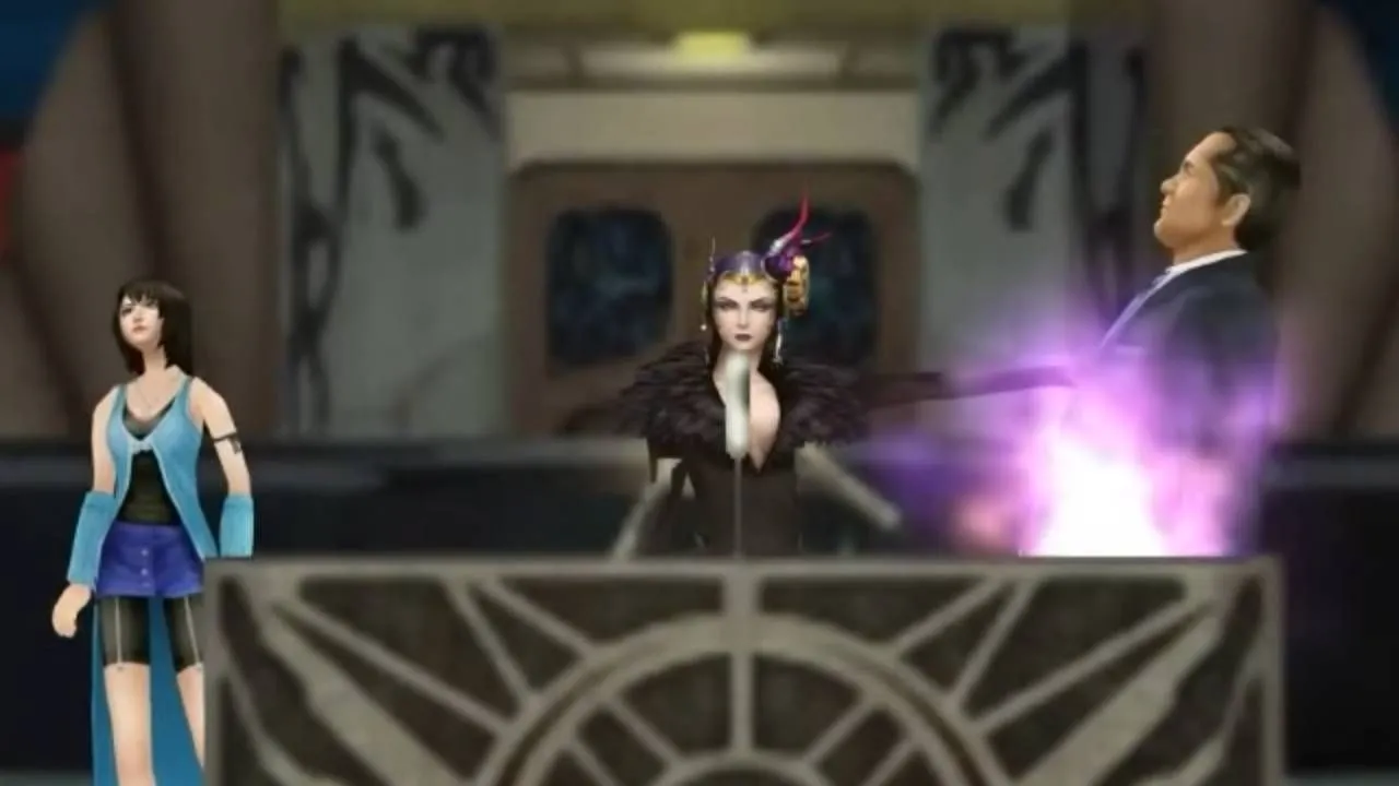 Phù thủy Edea kết liễu Tổng thống Vinzer Deling trong Final Fantasy 8, một cảnh tượng đầy kịch tính.