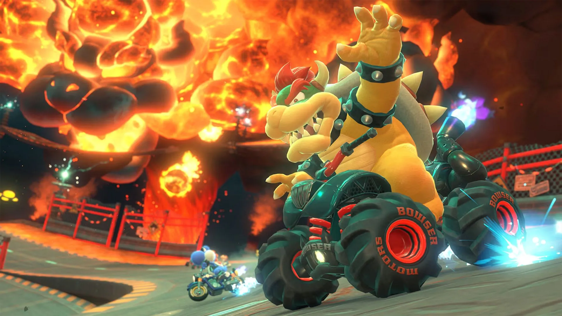 Quái vật Bowser phun lửa với hiệu ứng đồ họa ấn tượng trên một đường đua mới lạ trong Mario Kart World.