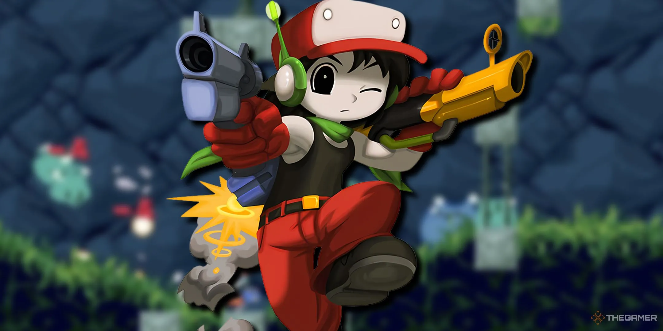 Quote, người lính robot từ Cave Story, sẵn sàng chiến đấu với vũ khí của mình.