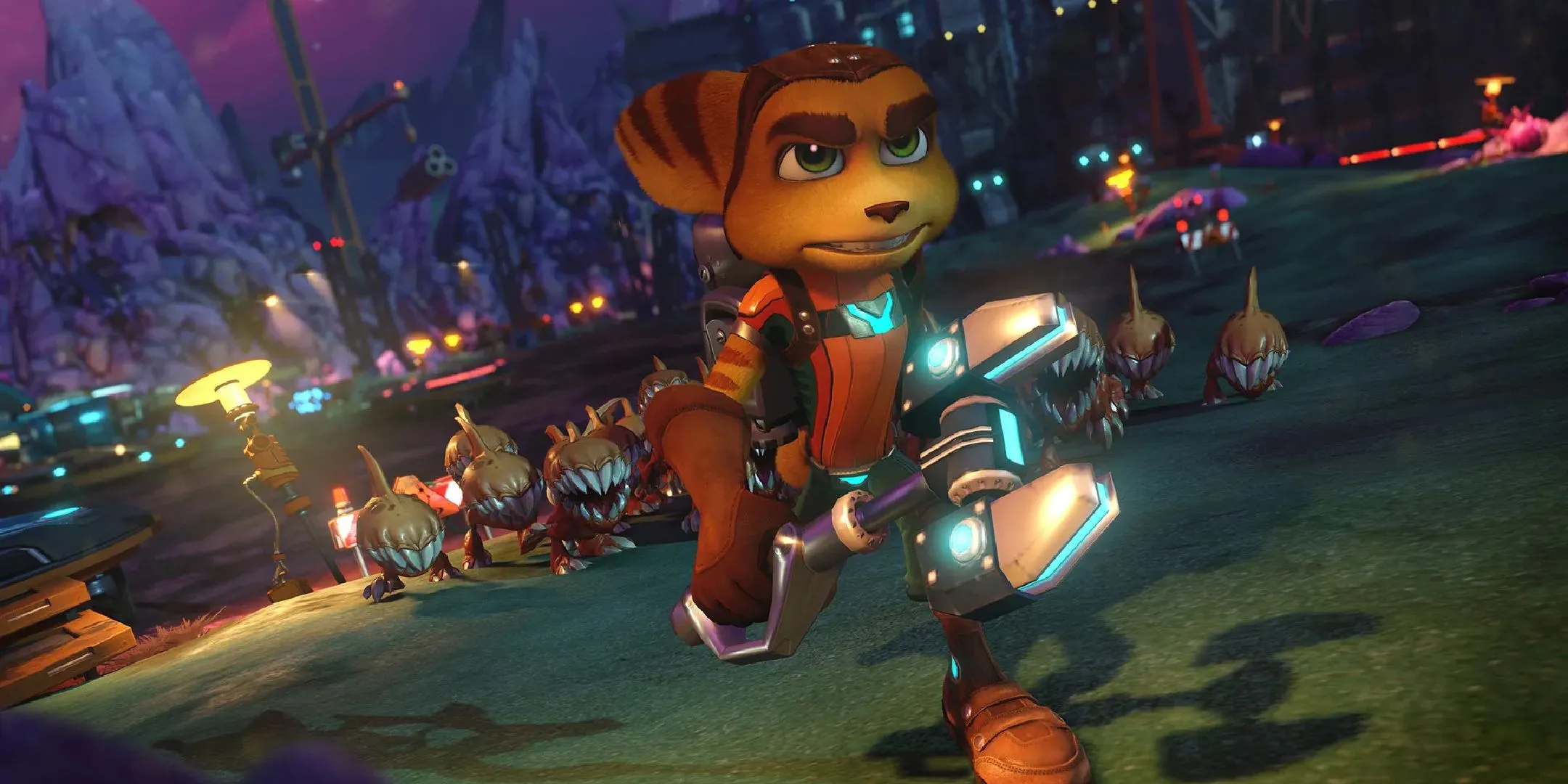 Ratchet đang chạy trốn khỏi người ngoài hành tinh trong game Ratchet and Clank reboot 2016.