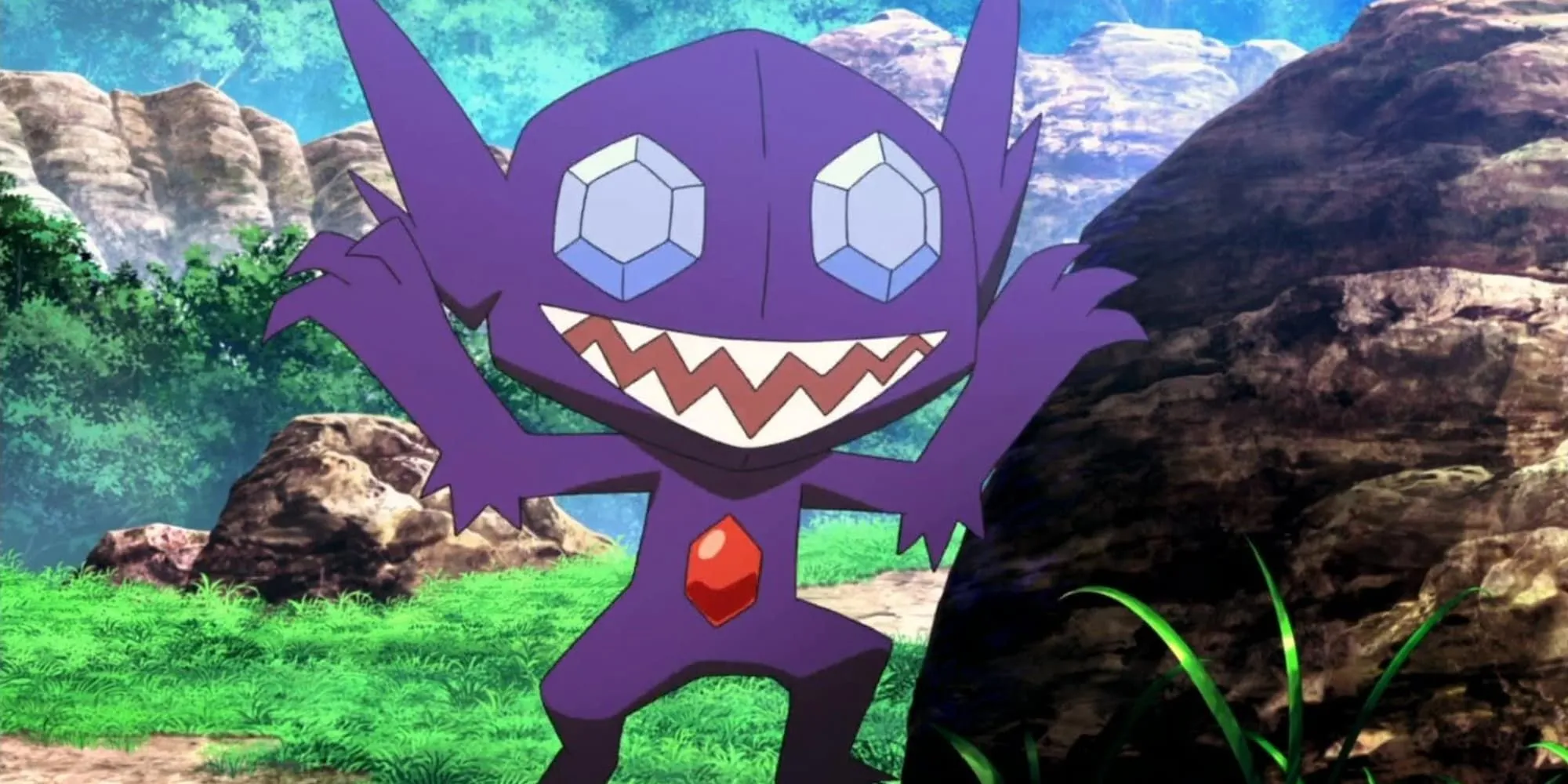 Sableye nhảy ra dọa người từ sau tảng đá trong anime Pokemon, thể hiện tính cách tinh quái và khả năng Prankster lợi hại của Pokemon hệ Bóng tối và Ma.