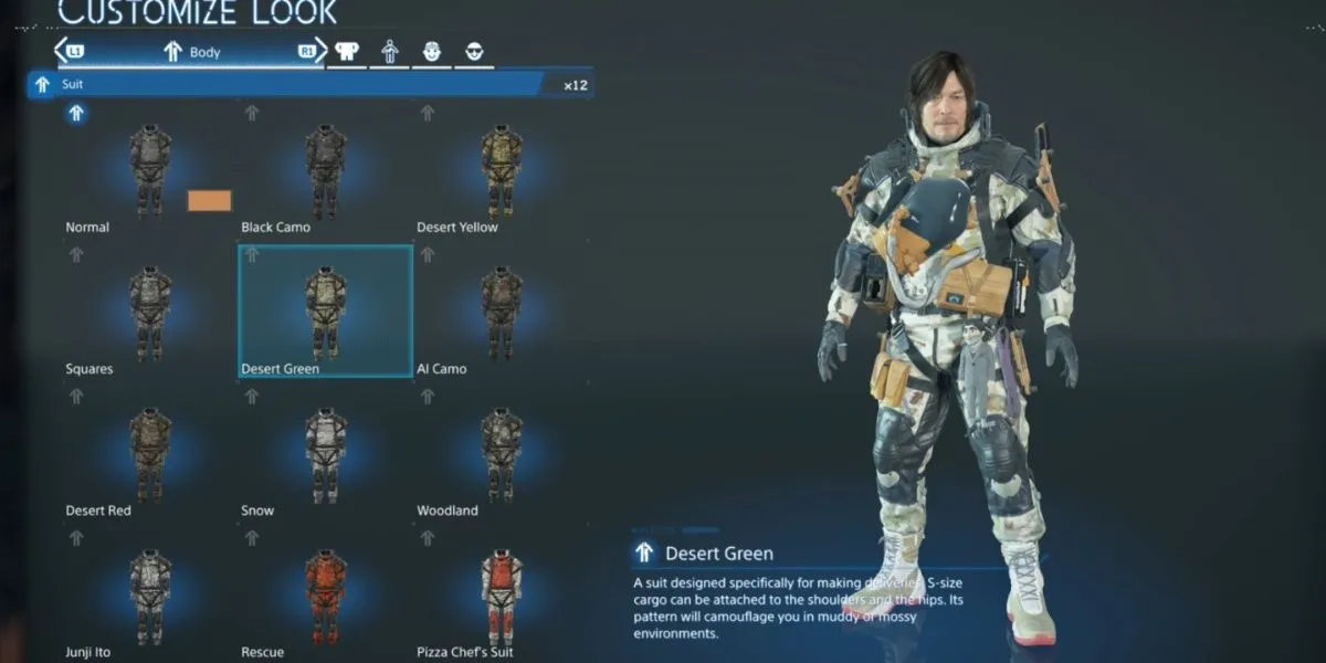 Sam đang khoác bộ Desert Green Suit màu xanh lá cây trong Death Stranding 2 On The Beach