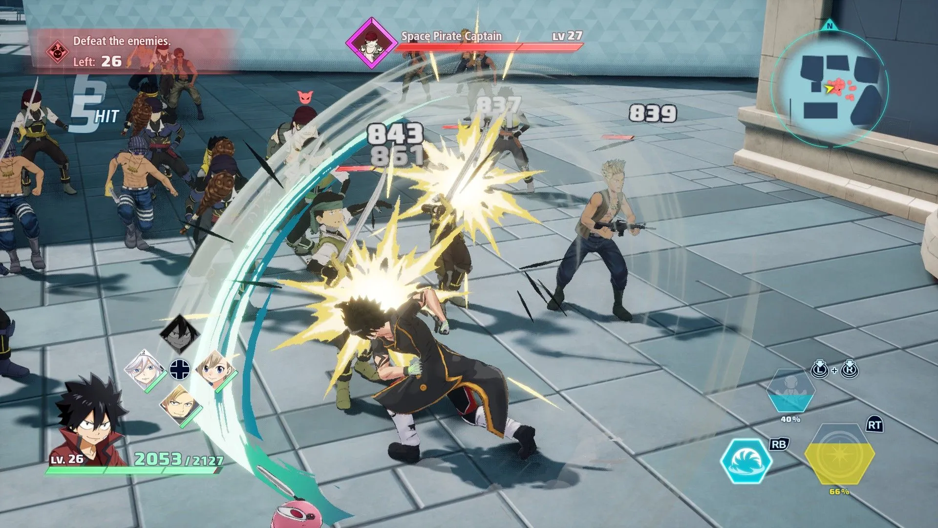 Shiki dùng sức mạnh Ether Gear tấn công kẻ địch, thể hiện cơ chế chiến đấu Action RPG của Edens Zero.