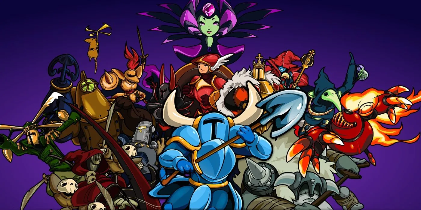 Shovel Knight cùng các nhân vật phụ và kẻ thù, tượng đài của dòng game platformer retro.