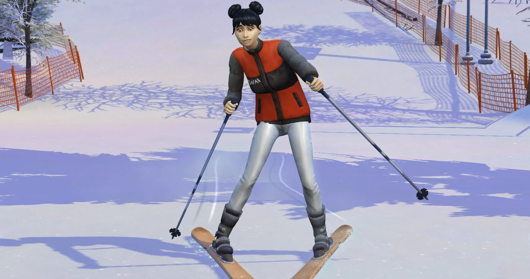 Sim đang trượt tuyết trong trang phục mùa đông ở The Sims 4 Snowy Escape.