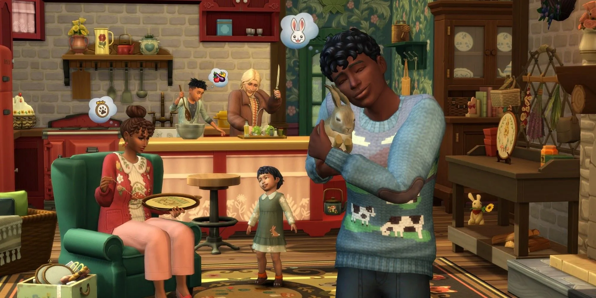 Sims 4 Cottage Living: Thỏ, nấu ăn cùng nhau, trẻ em, gia đình, thêu thùa.
