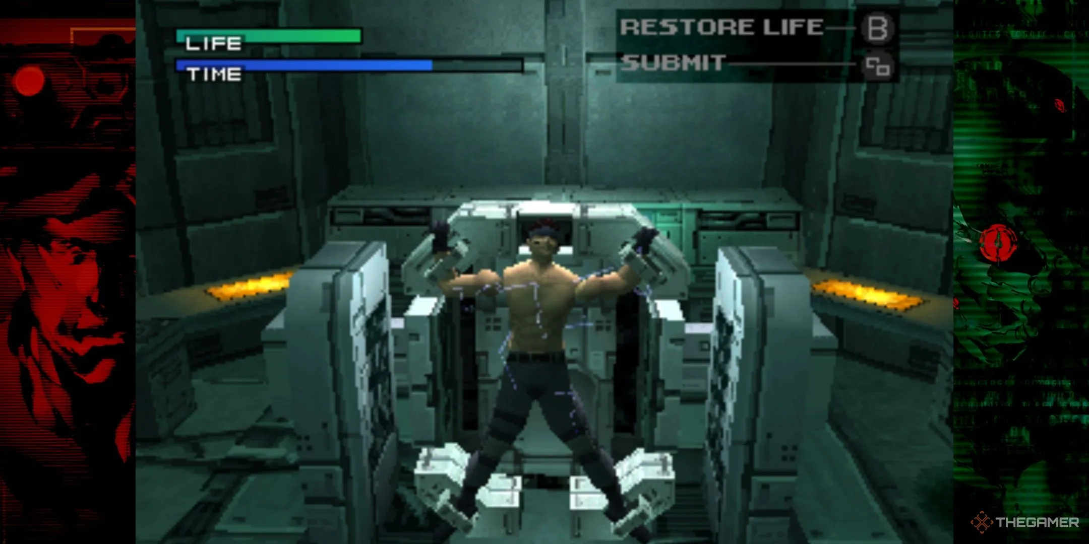 Snake bị tra tấn bởi Ocelot trong phân cảnh thử thách bấm nút đầy ám ảnh của Metal Gear Solid 1.
