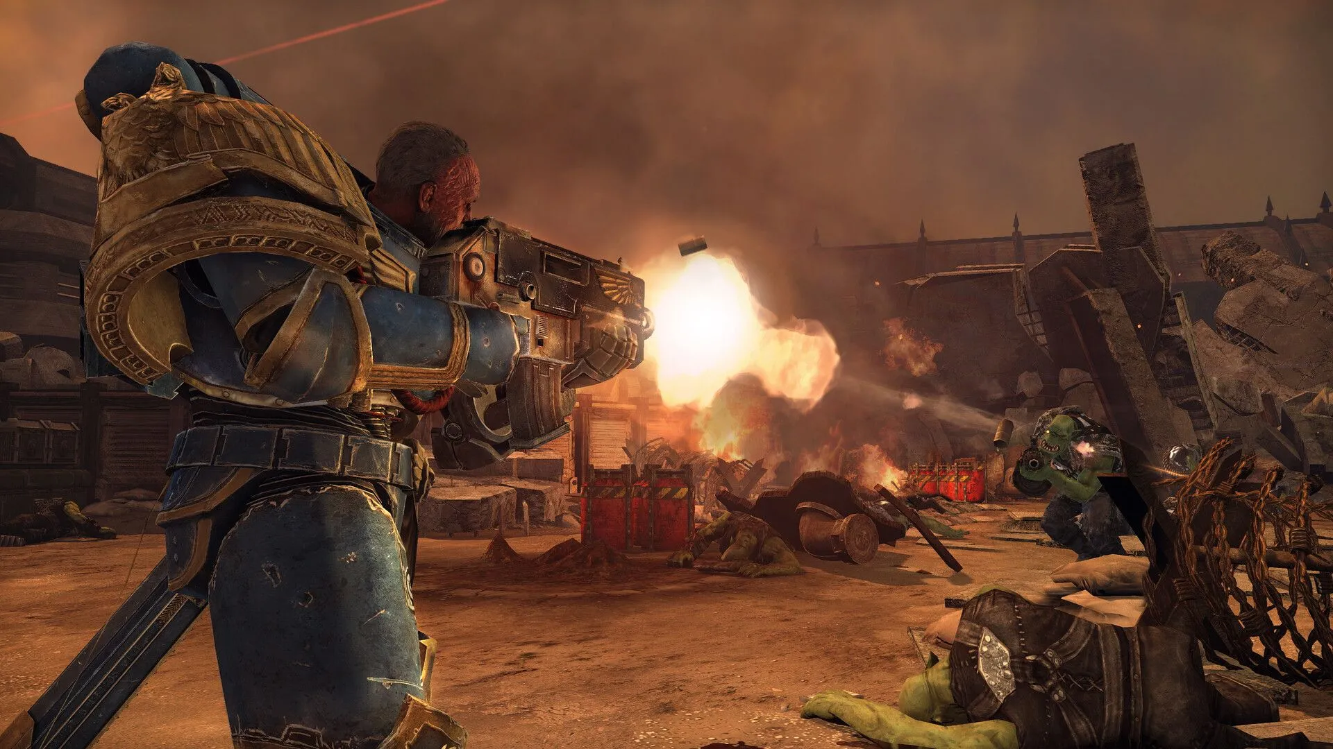 Space Marine tiêu diệt đám Orks đông đảo bằng súng Bolter trong một cảnh chiến đấu khốc liệt, thể hiện sự tàn bạo và mãn nhãn của game