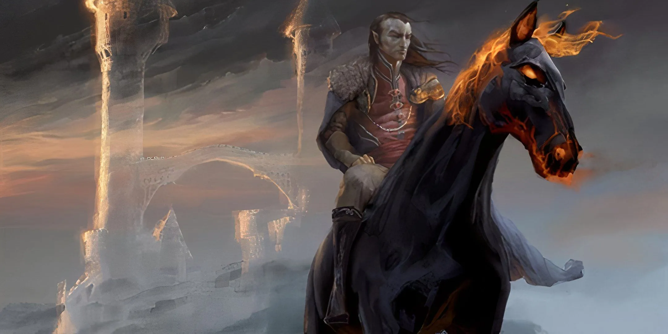Strahd nhìn chằm chằm vào màn sương mù trên con ngựa ác mộng của mình trong Dungeons &amp; Dragons.