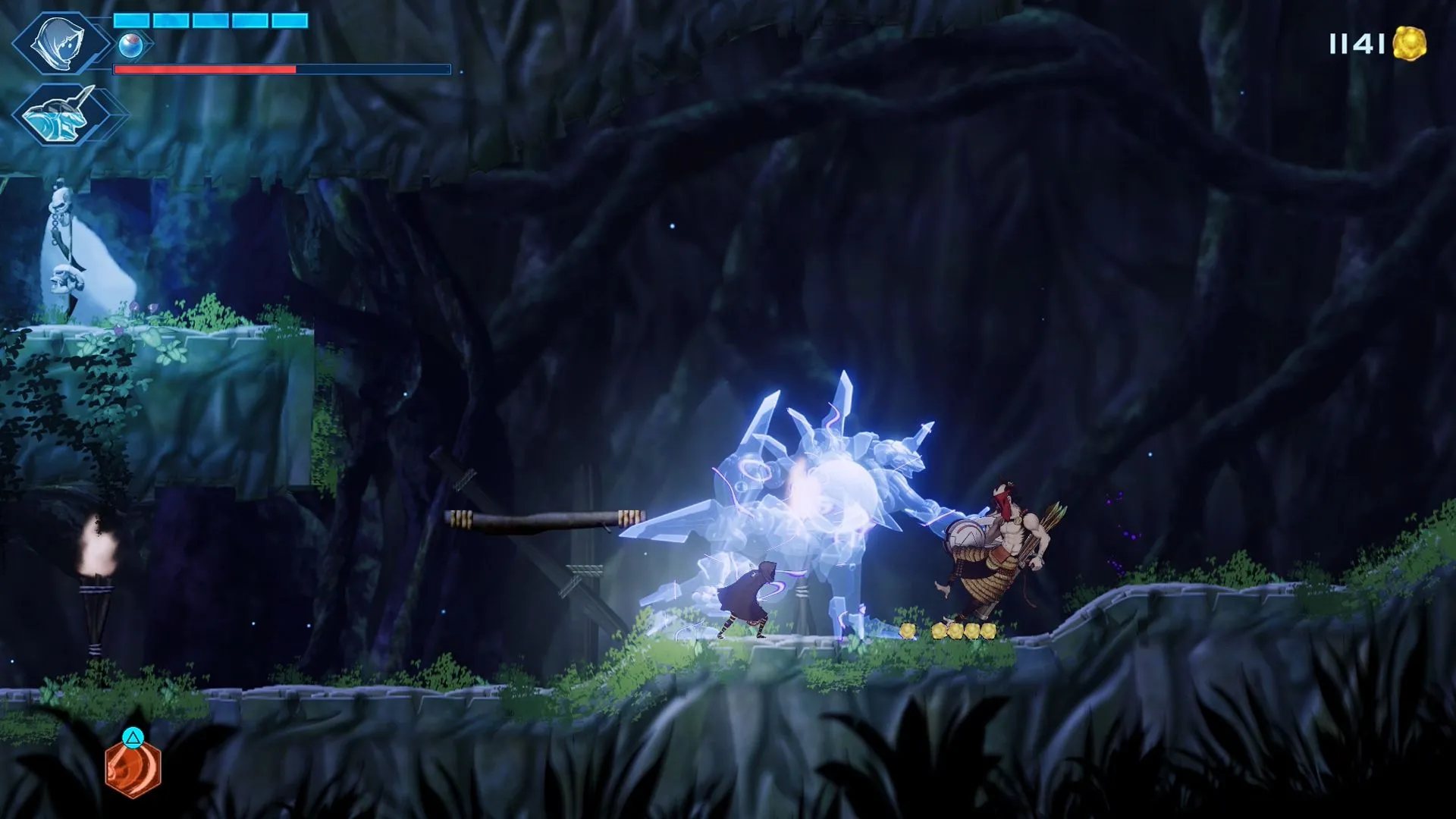 Swordsman No. 8 nuốt chửng kẻ thù để sạc năng lượng hoặc thu thập tài nguyên trong Shadow Labyrinth