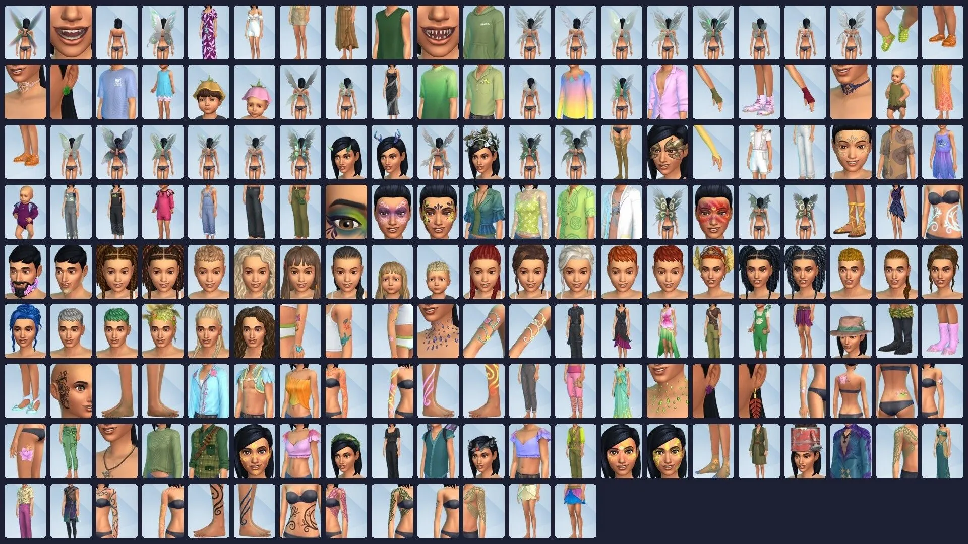 Tất cả các vật phẩm Create-A-Sim trong The Sims 4 Enchanted By Nature hiển thị dưới dạng các ô nhỏ.