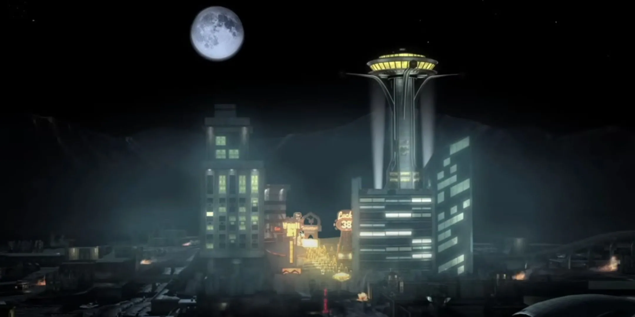 Thành phố New Vegas rực rỡ từ xa trong bối cảnh hậu tận thế của Fallout.