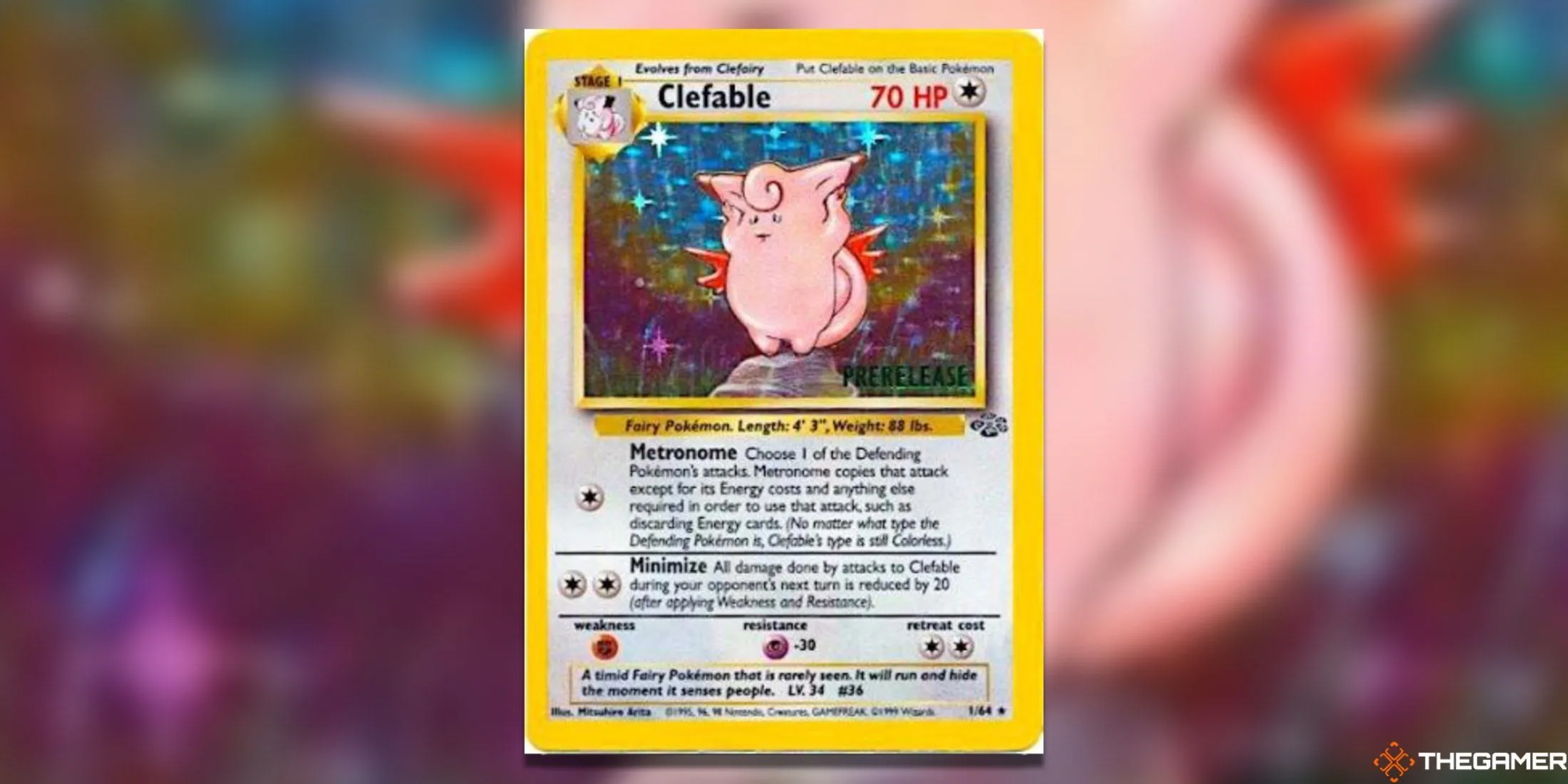 Thẻ bài Clefable Prerelease WOTC Promos trong Pokemon TCG, minh họa cho các thuộc tính điểm yếu và kháng.