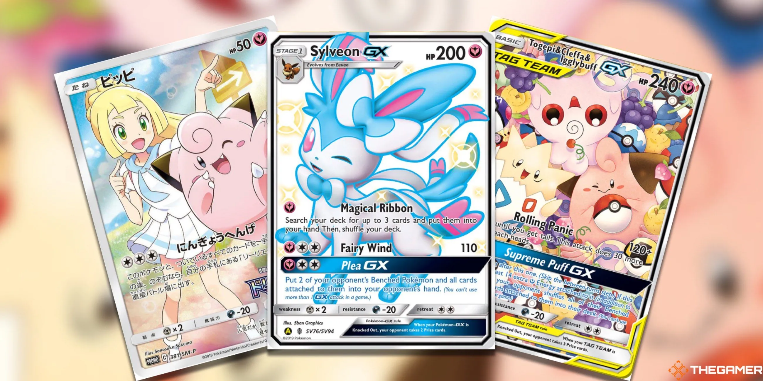Thẻ bài Clefairy, Sylveon GX và Togepi &amp; Cleffa &amp; Igglybuff thuộc hệ Tiên trong Pokemon TCG.