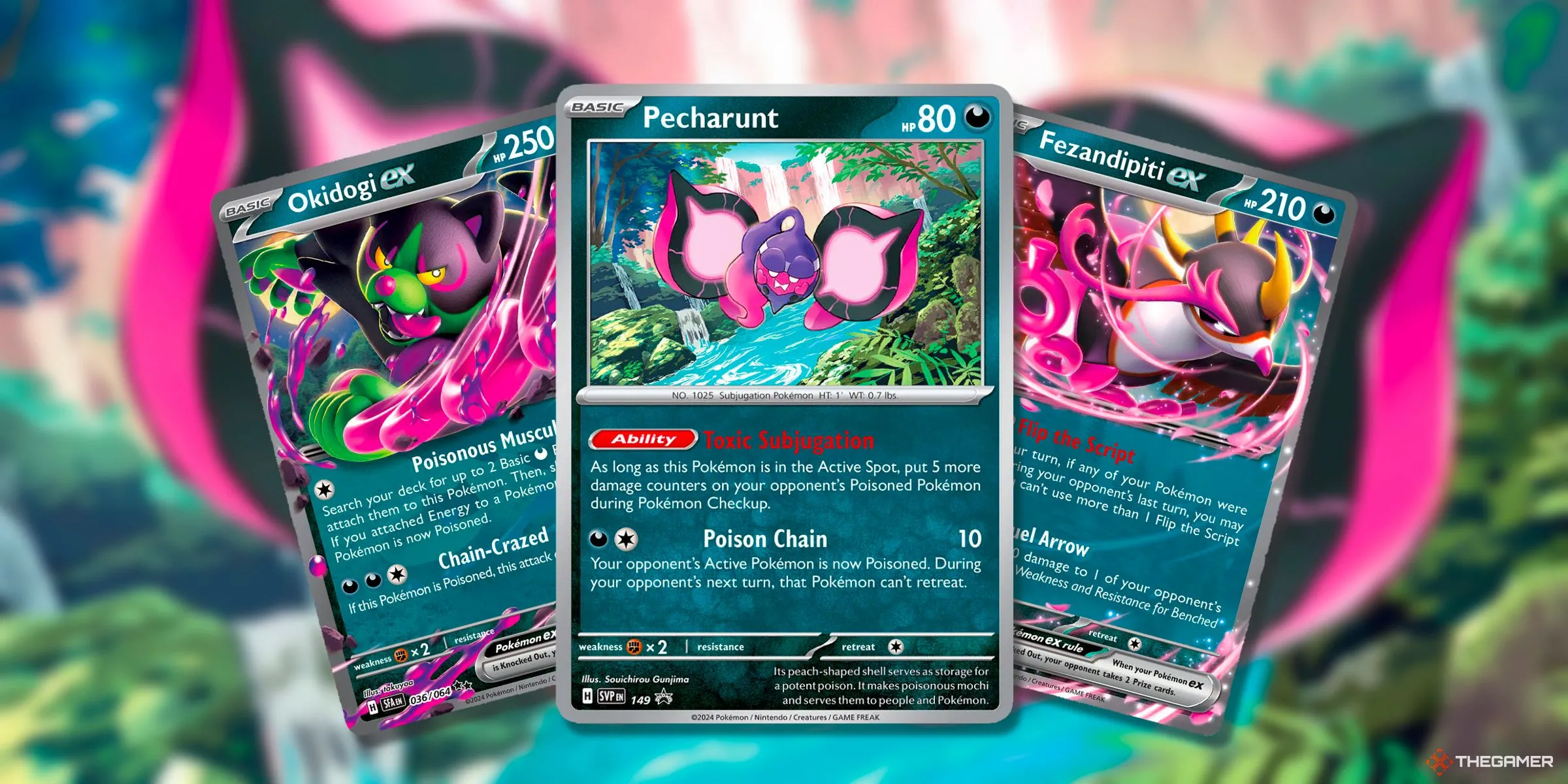 Thẻ bài Okidogi EX, Pecharunt và Fezandipiti EX trong Pokemon TCG.