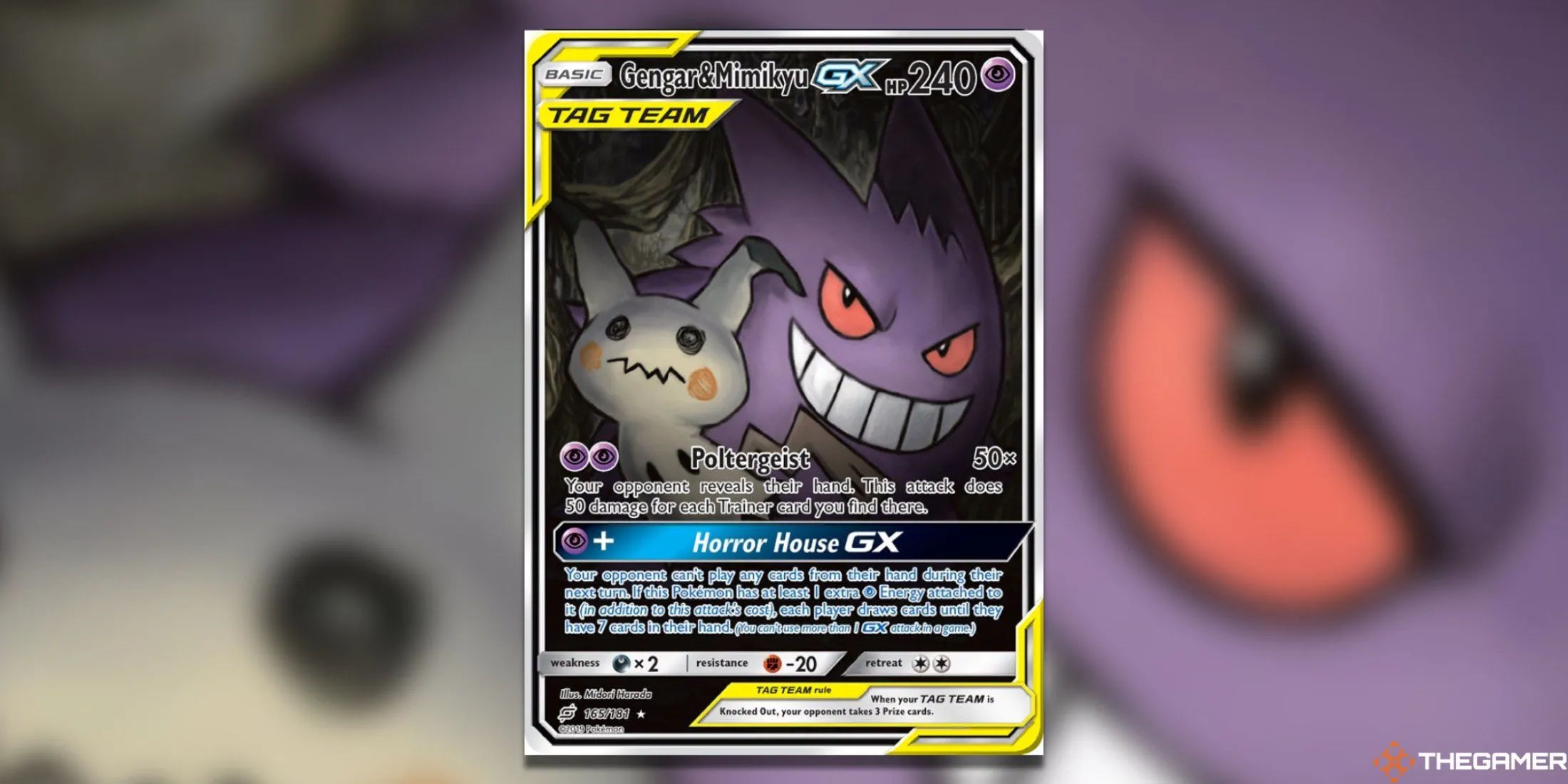 Thẻ bài Pokémon TCG Gengar và Mimikyu GX Alternate Art từ set Team Up, thể hiện hai Pokémon trong đêm tối.