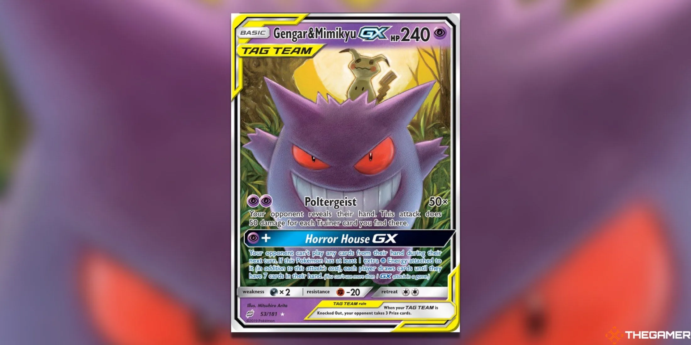 Thẻ bài Pokémon TCG Gengar và Mimikyu GX Ultra Rare từ set Team Up, Mimikyu ngồi trên đầu Gengar.
