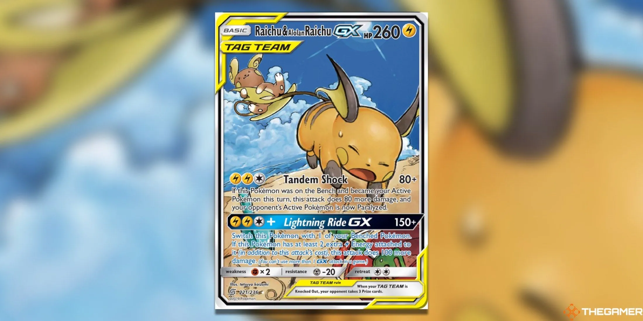Thẻ bài Pokémon TCG Raichu và Alolan Raichu GX Alternate Art từ set Unified Minds, thể hiện chúng đang lướt sóng.