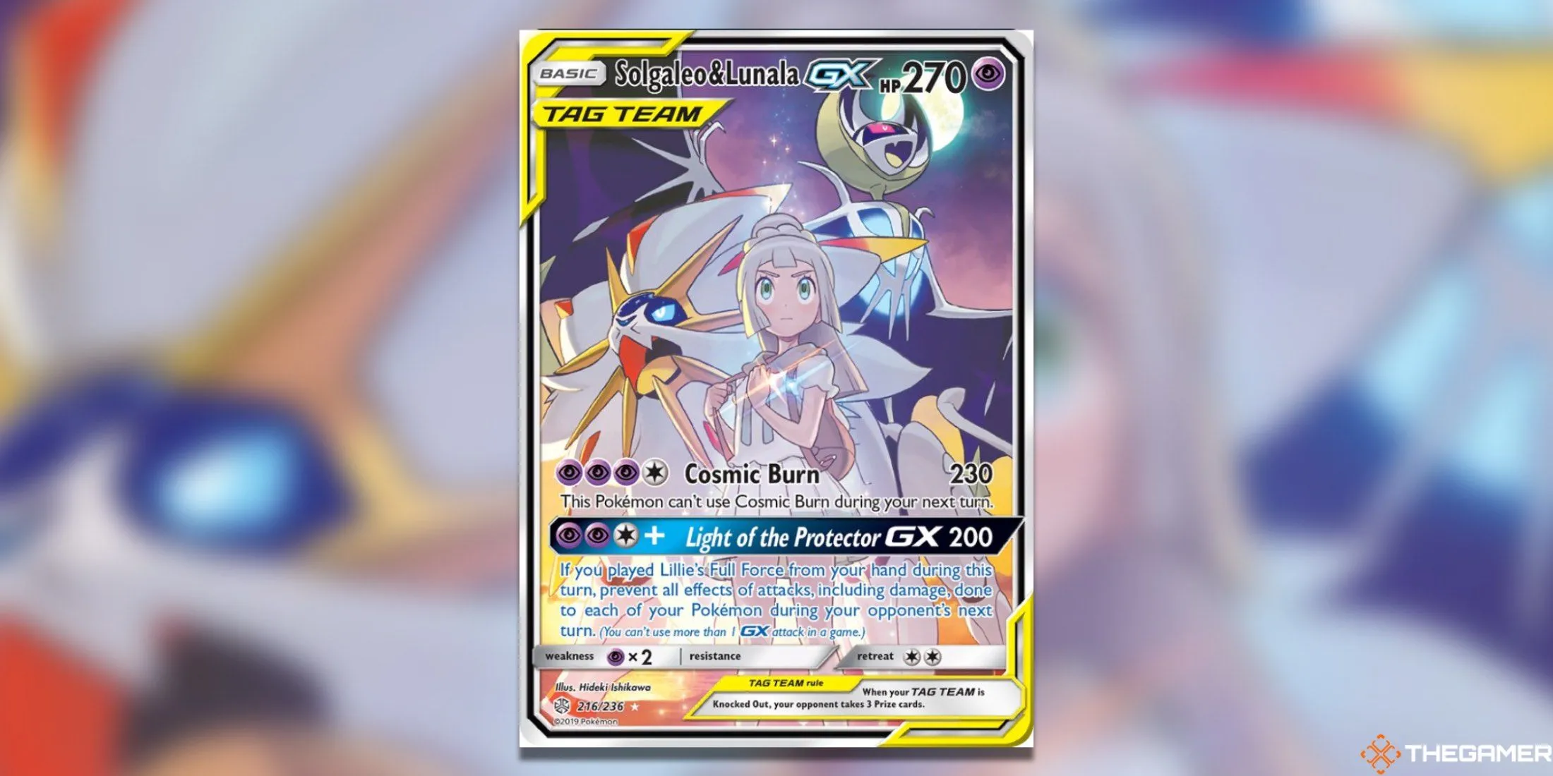 Thẻ bài Pokémon TCG Solgaleo và Lunala GX Full Art từ set Cosmic Eclipse, có sự xuất hiện của Lillie.