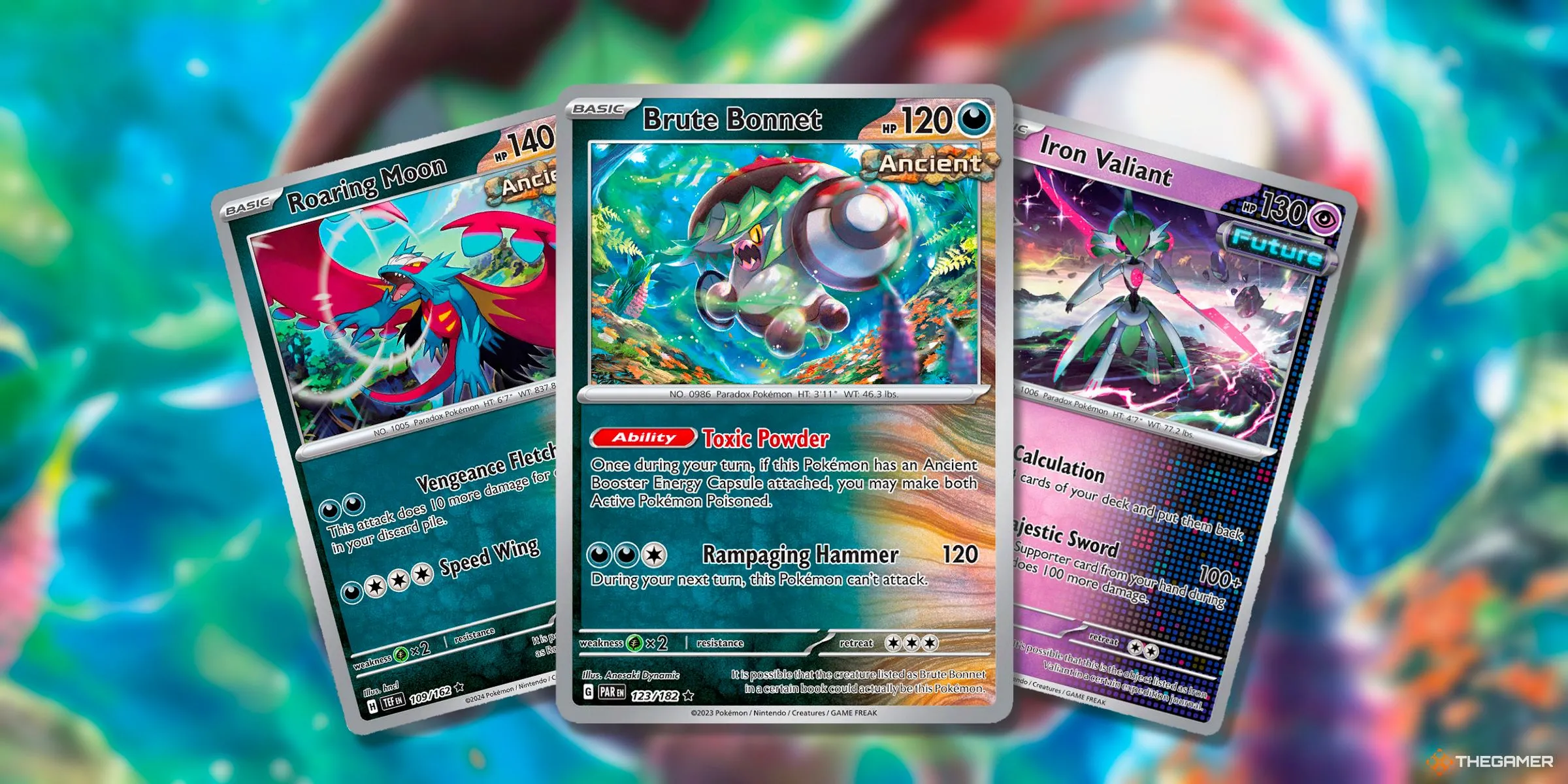 Thẻ bài Roaring Moon, Brute Bonnet và Iron Valiant, các đại diện cho Paradox Pokemon trong Pokemon TCG.