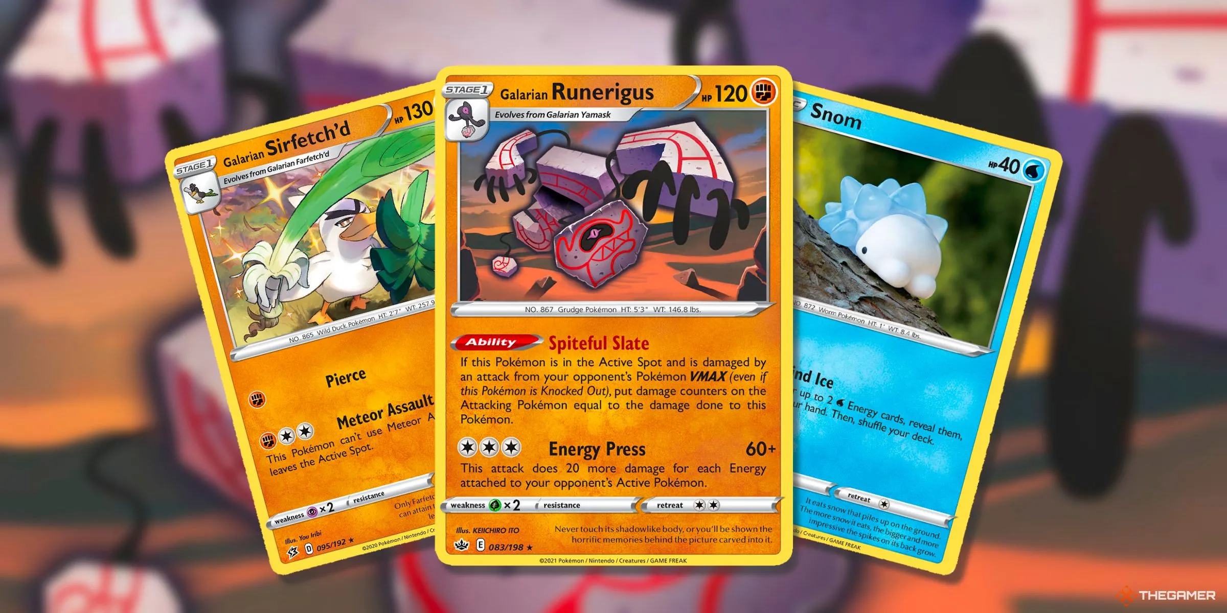 Thẻ bài Sirfetch'd, Runerigus và Snom thuộc các bộ của Pokemon TCG kỷ nguyên Sword &amp; Shield.