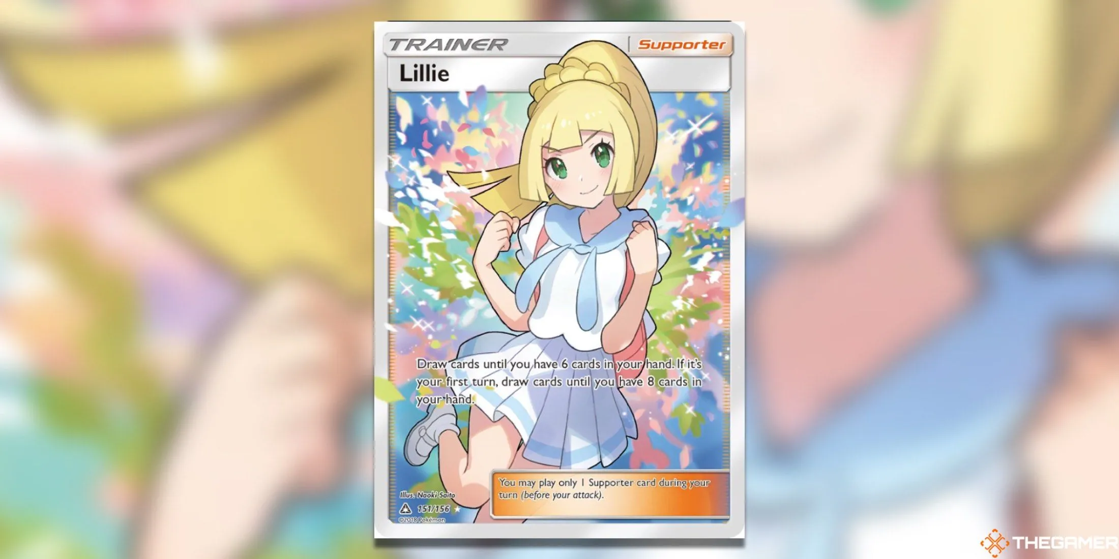 Thẻ bài Trainer Lillie Full Art từ set Ultra Prism Pokémon TCG, Lillie đang chạy trong khung cảnh tươi sáng.