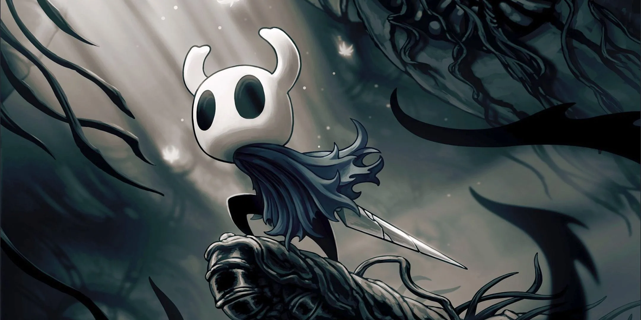 The Knight, nhân vật chính của Hollow Knight, cầm chiếc đinh sắc nhọn.