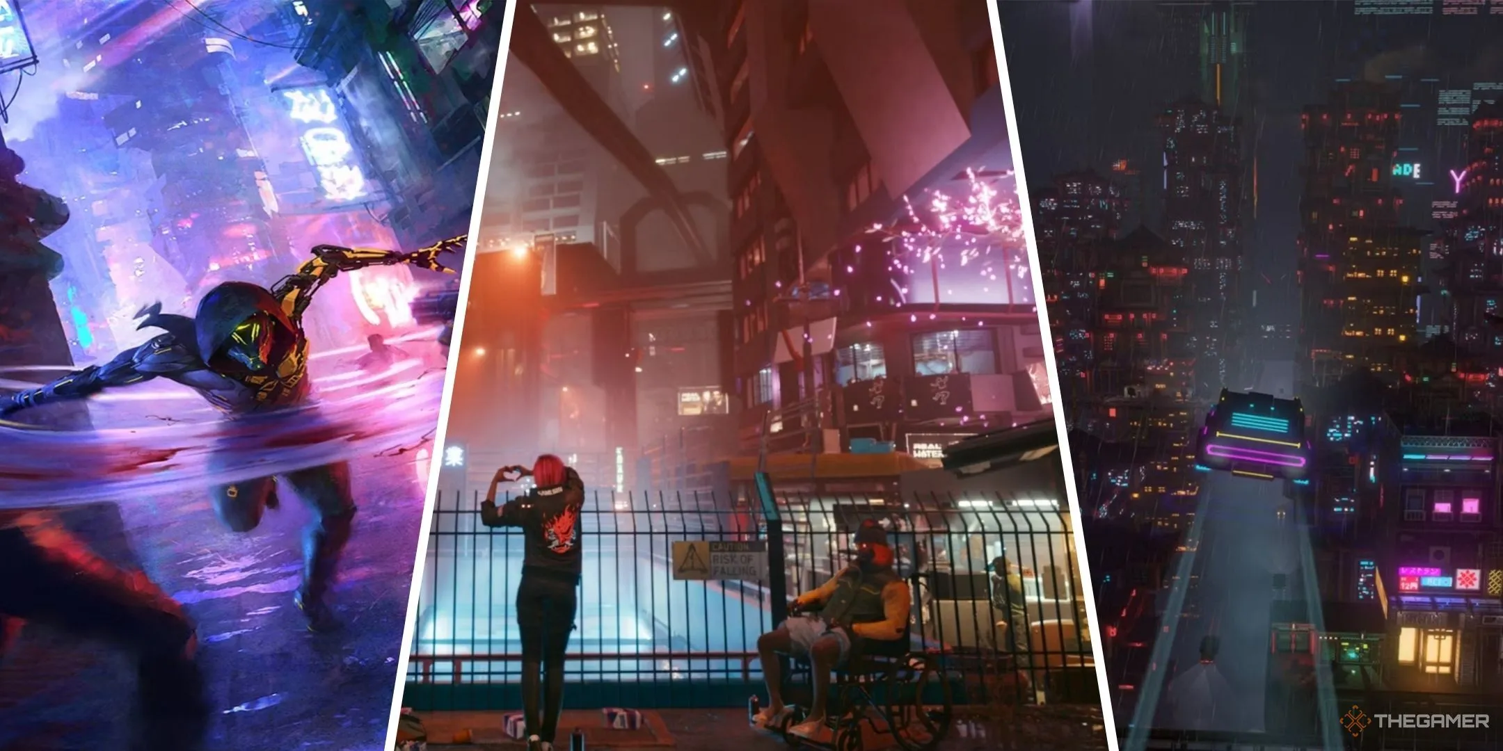 Tổng hợp hình ảnh các game Cyberpunk tiêu biểu như Ghostrunner, Cyberpunk 2077 và Cloudpunk, phản ánh bối cảnh viễn tưởng neon đặc trưng.